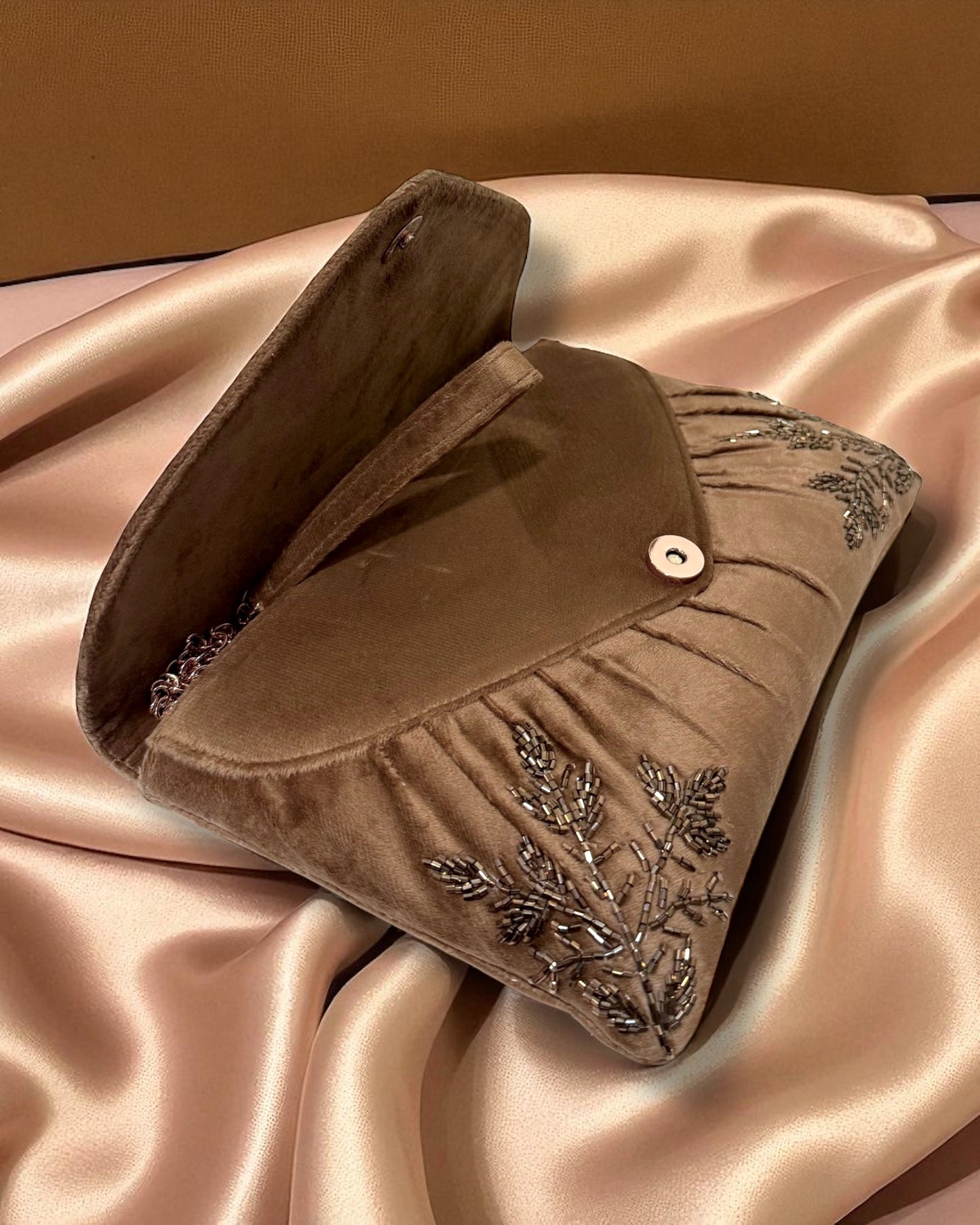 Jawhara جوهرة Beaded Velvet Bag in Brown