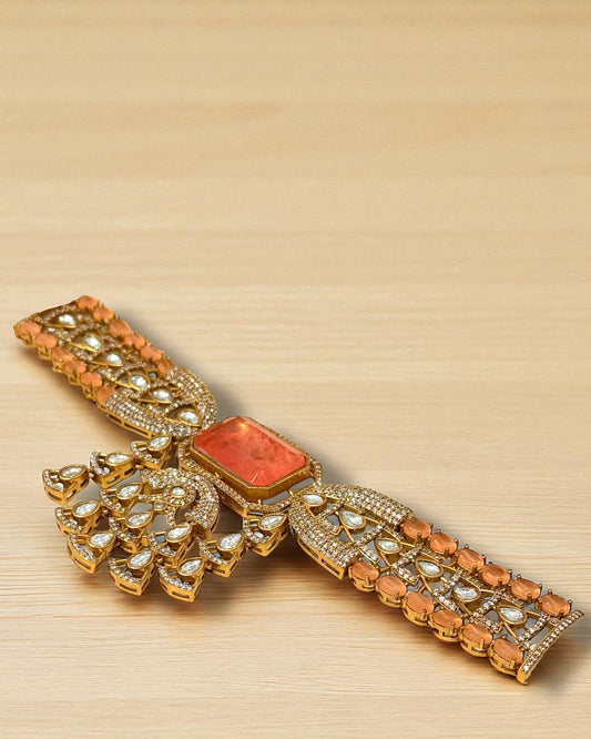 Faiza فائزة Gold Plated Tyaani Kundan Choker Set with Doublet Stone in Orange