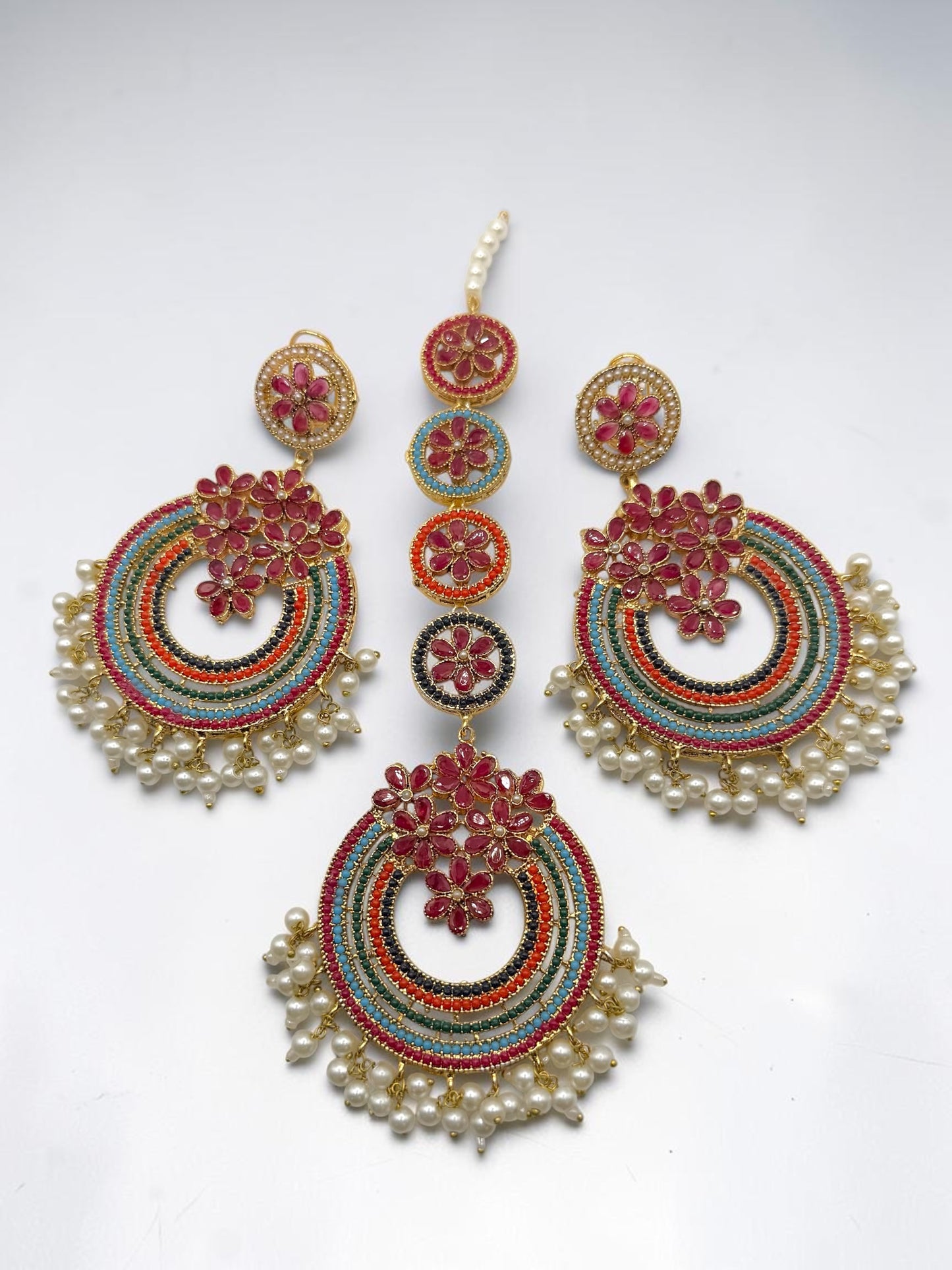 Ranjini रंजिनी Naurathan Earring & Tika Set in Ruby