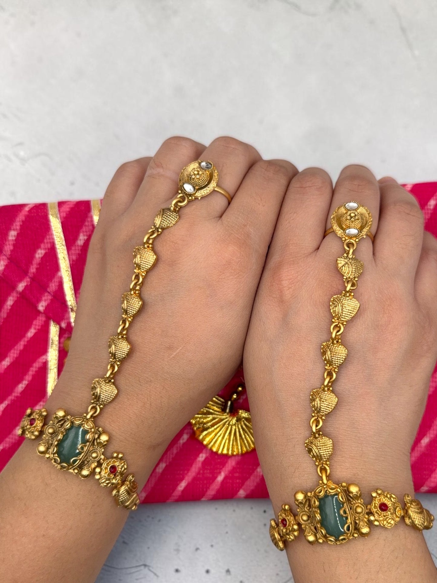 Mishika मिशिका Heritage Hand Chain Pair in Gold with Adjustable Ring and Bracelet