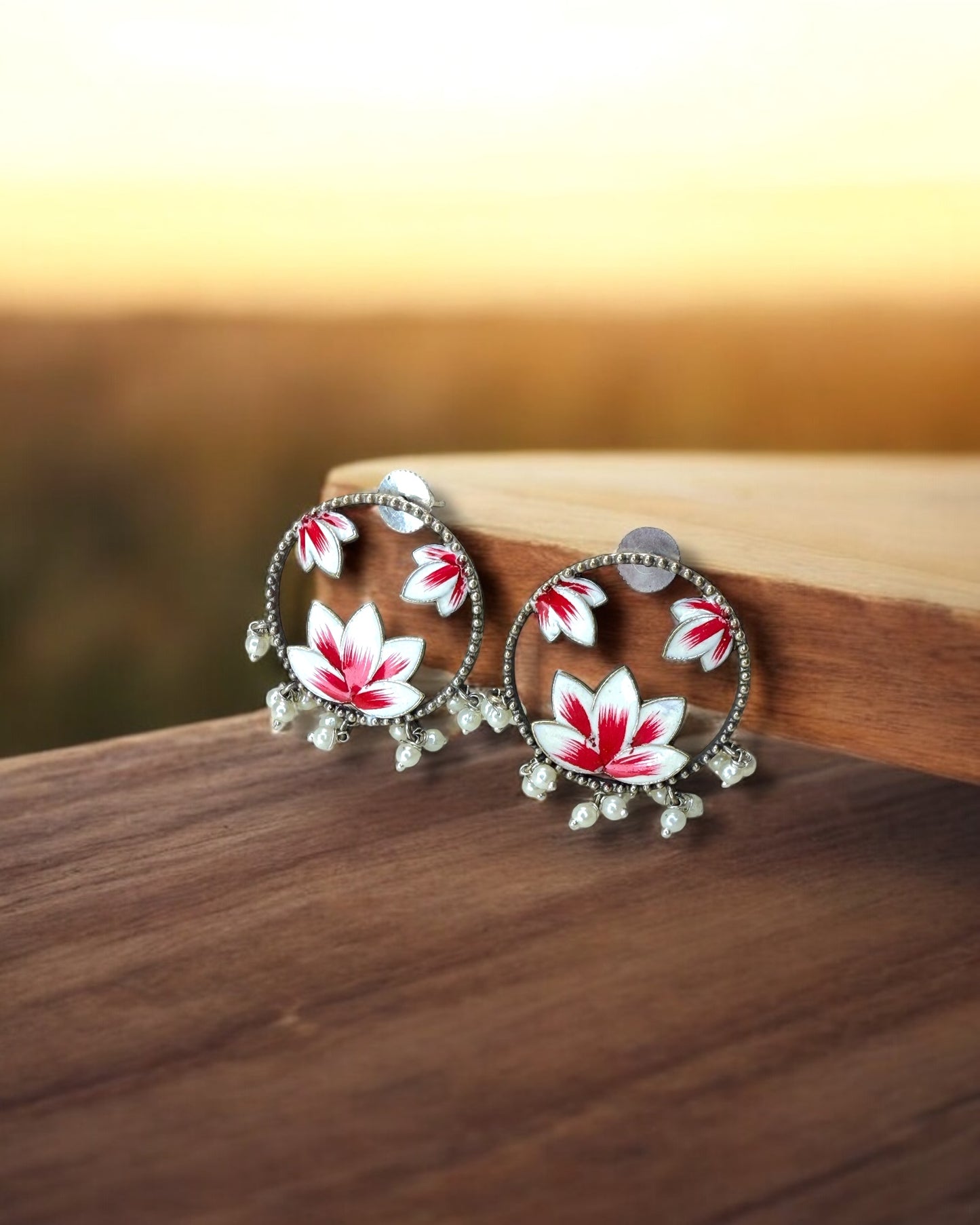 Lotus कमल Hand-Painted Oxidized Earrings in White & Pink