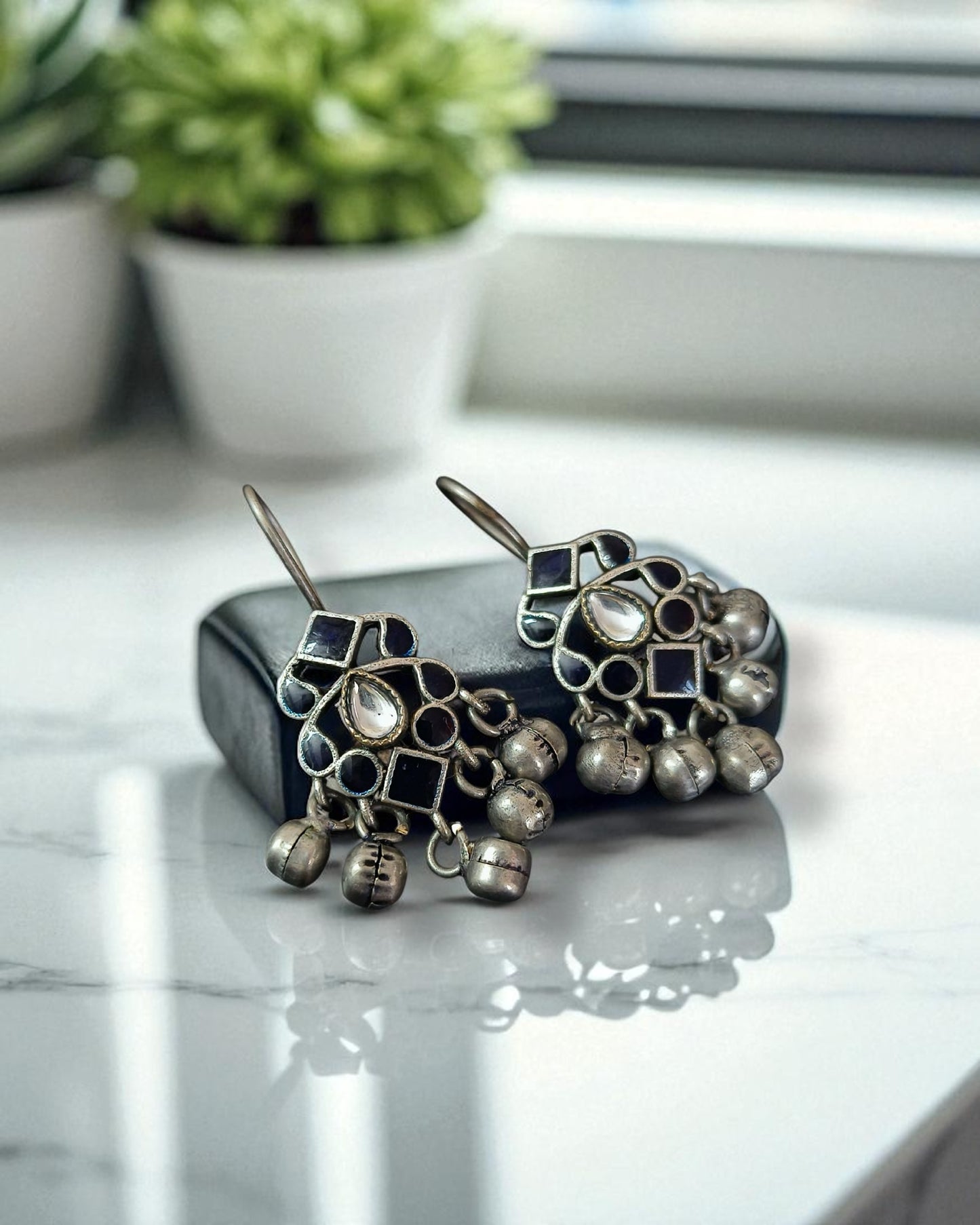 Ishani इशानी Meenakari Kundan Oxidized Earrings in Navy Blue