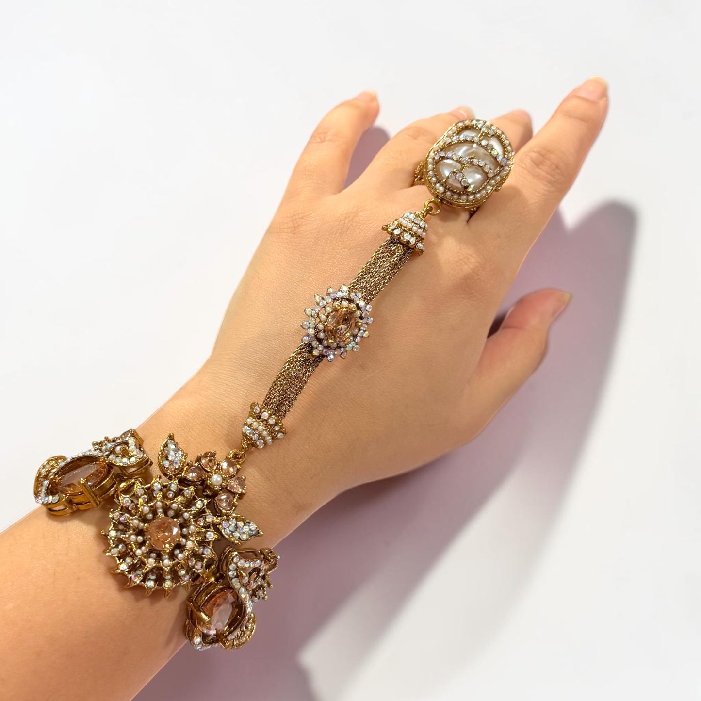 Gülizar Turkish Hand Chain in Gold Pearl with Adjustable Ring and Bracelet