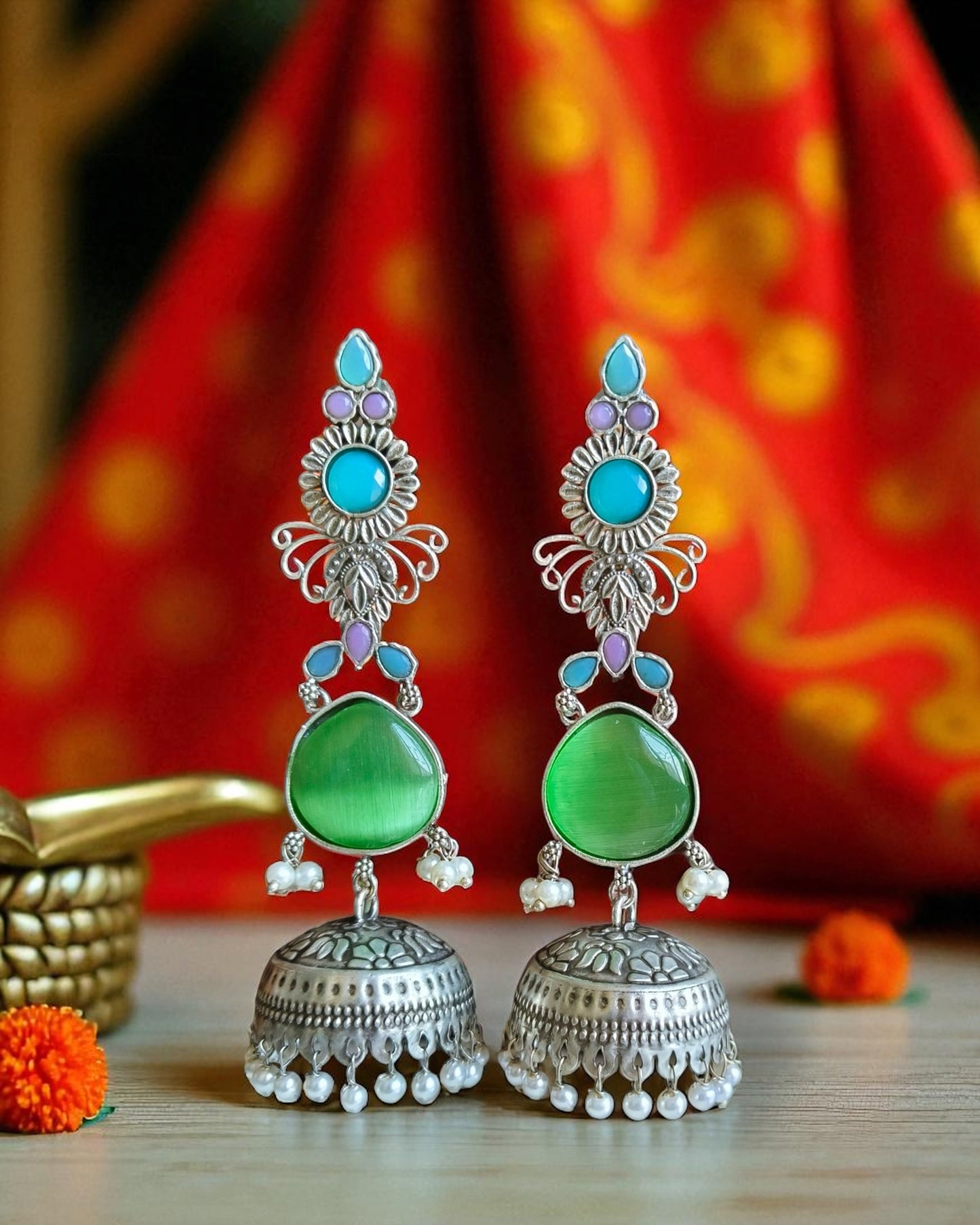 Nitya नित्य Silver Plated Jhumkay in Multicolor