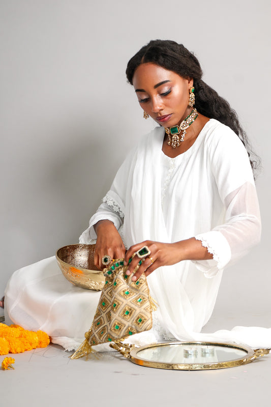 Faiza فائزة Gold Plated Tyaani Kundan Choker Set with Doublet Stone in Green