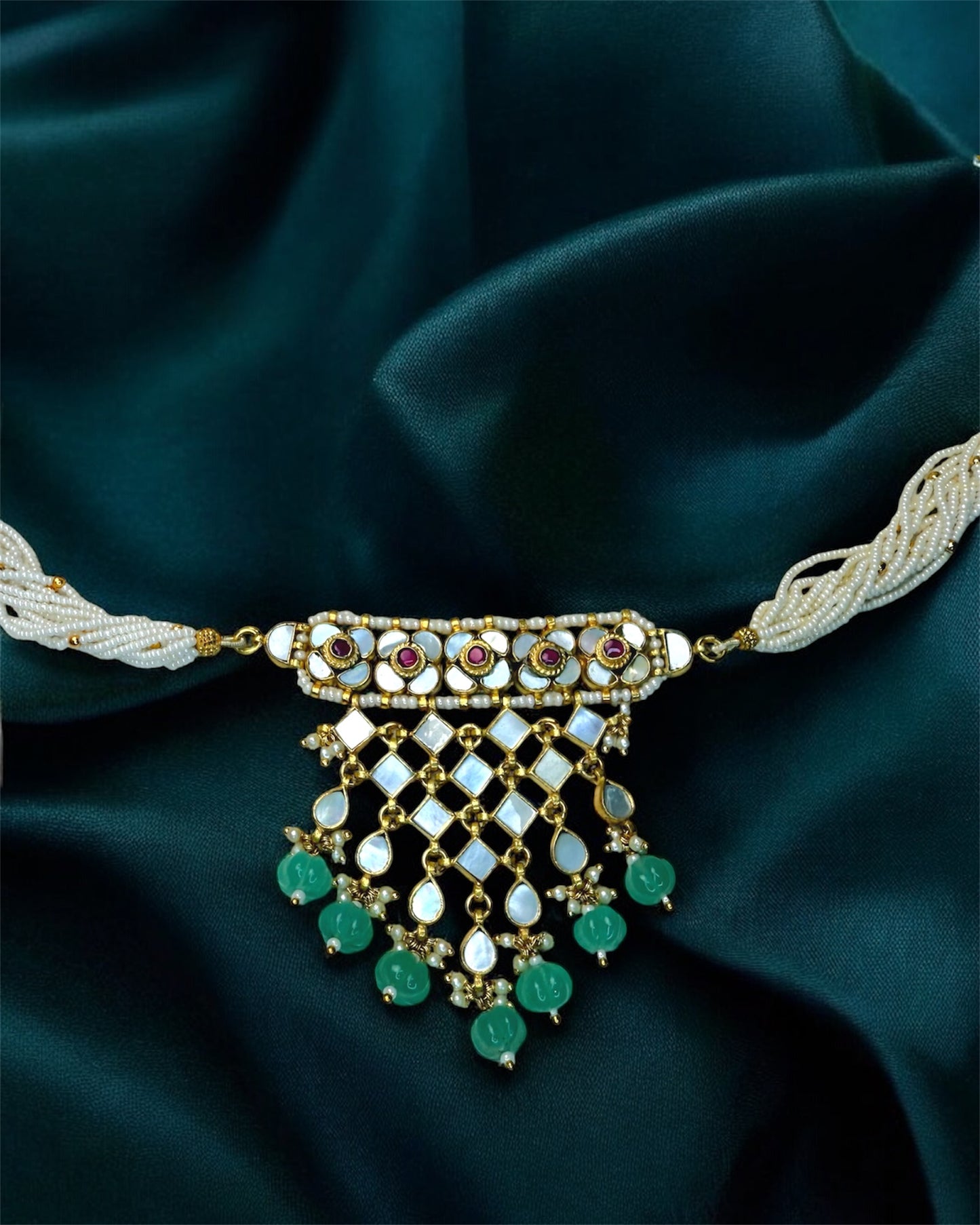 Samira سميرة Opal Paachi Kundan Choker Set in Mint & Ruby - 22k Gold Plated