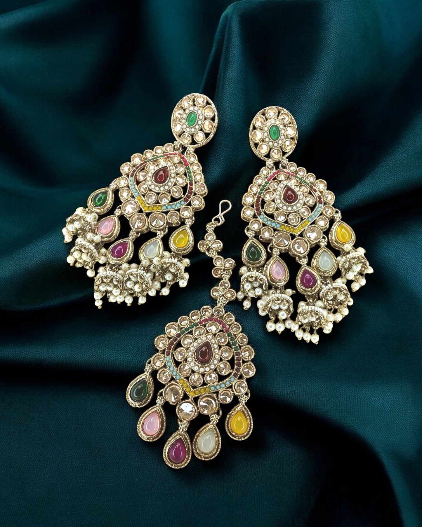 Rabab رَبَاب Polki Earring & Tika Set in Multicolor