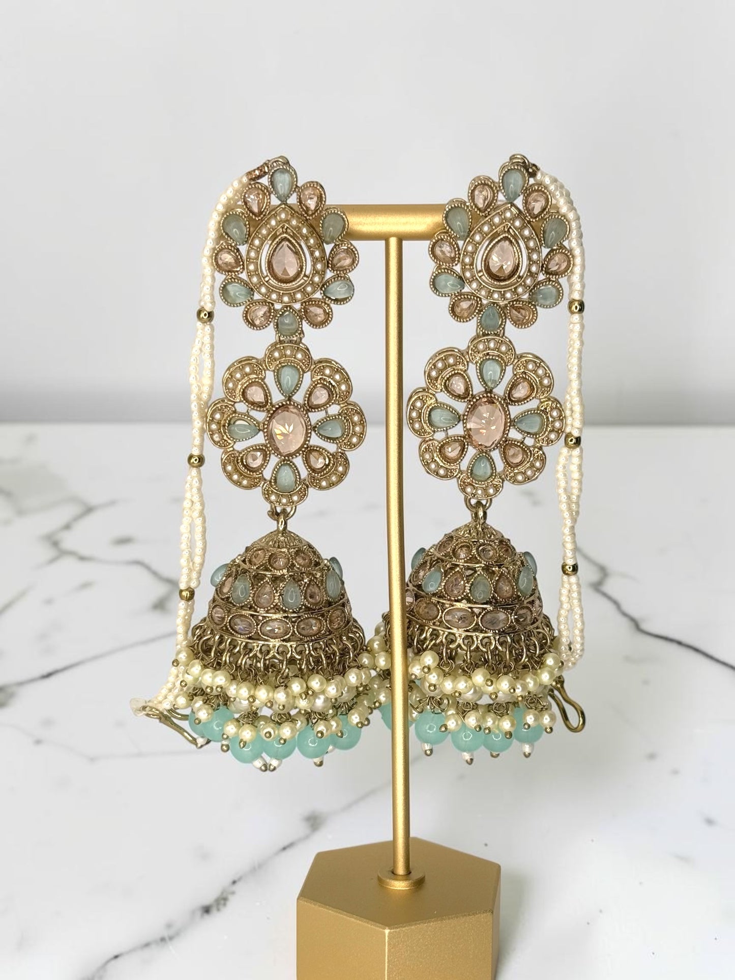 Sharmistha शर्मिष्ठा Polki Jhumkay with Saharay in Sky Blue