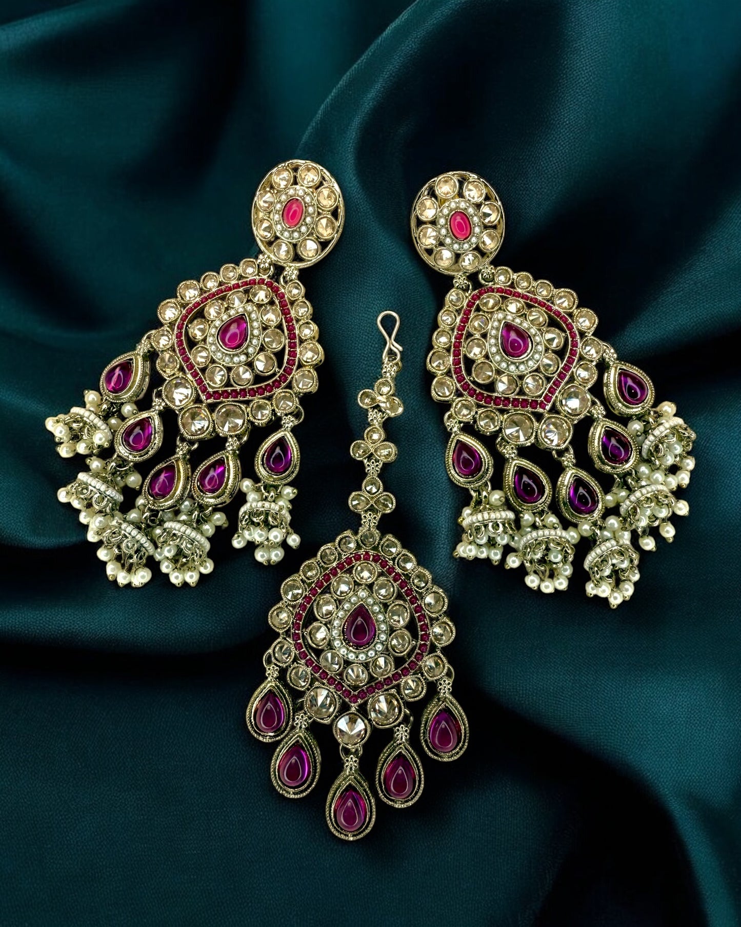 Rabab رَبَاب Polki Earring & Tika Set in Magenta