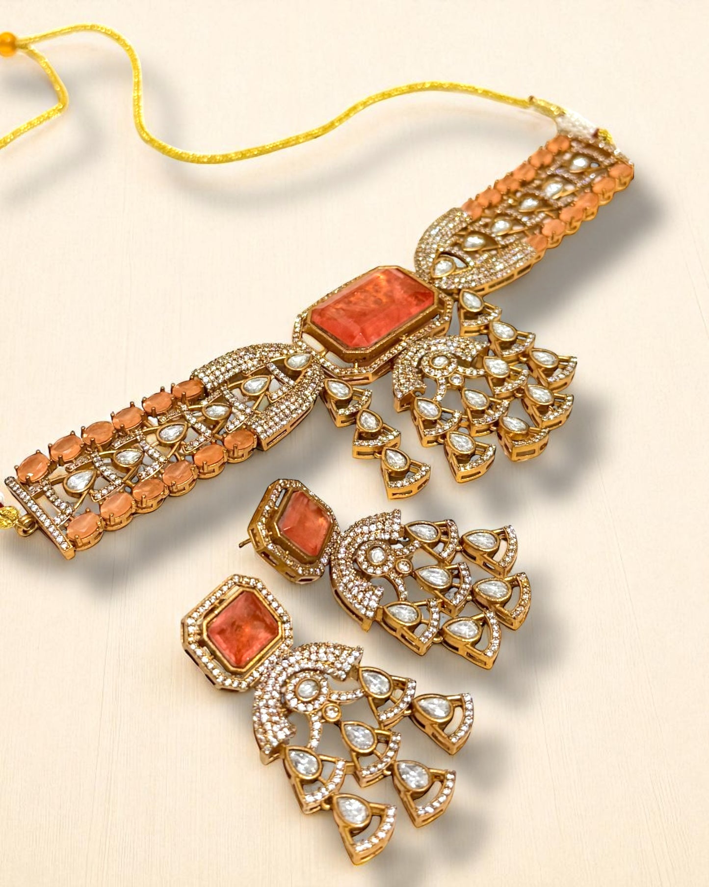 Faiza فائزة Choker Set with Doublet Stone in Orange
