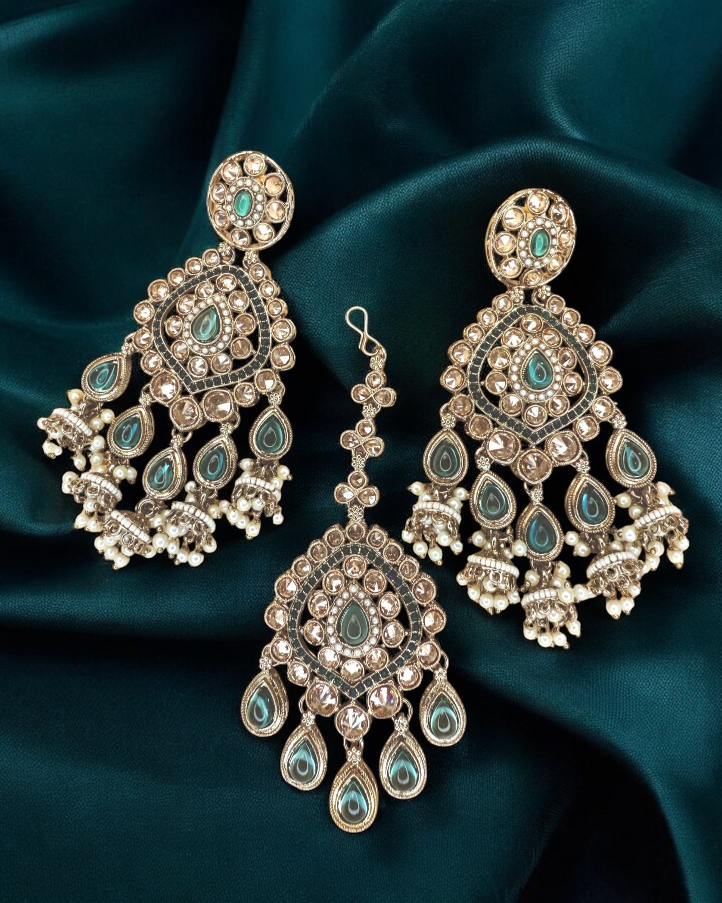 Rabab رَبَاب Polki Earring & Tika Set in Teal Blue