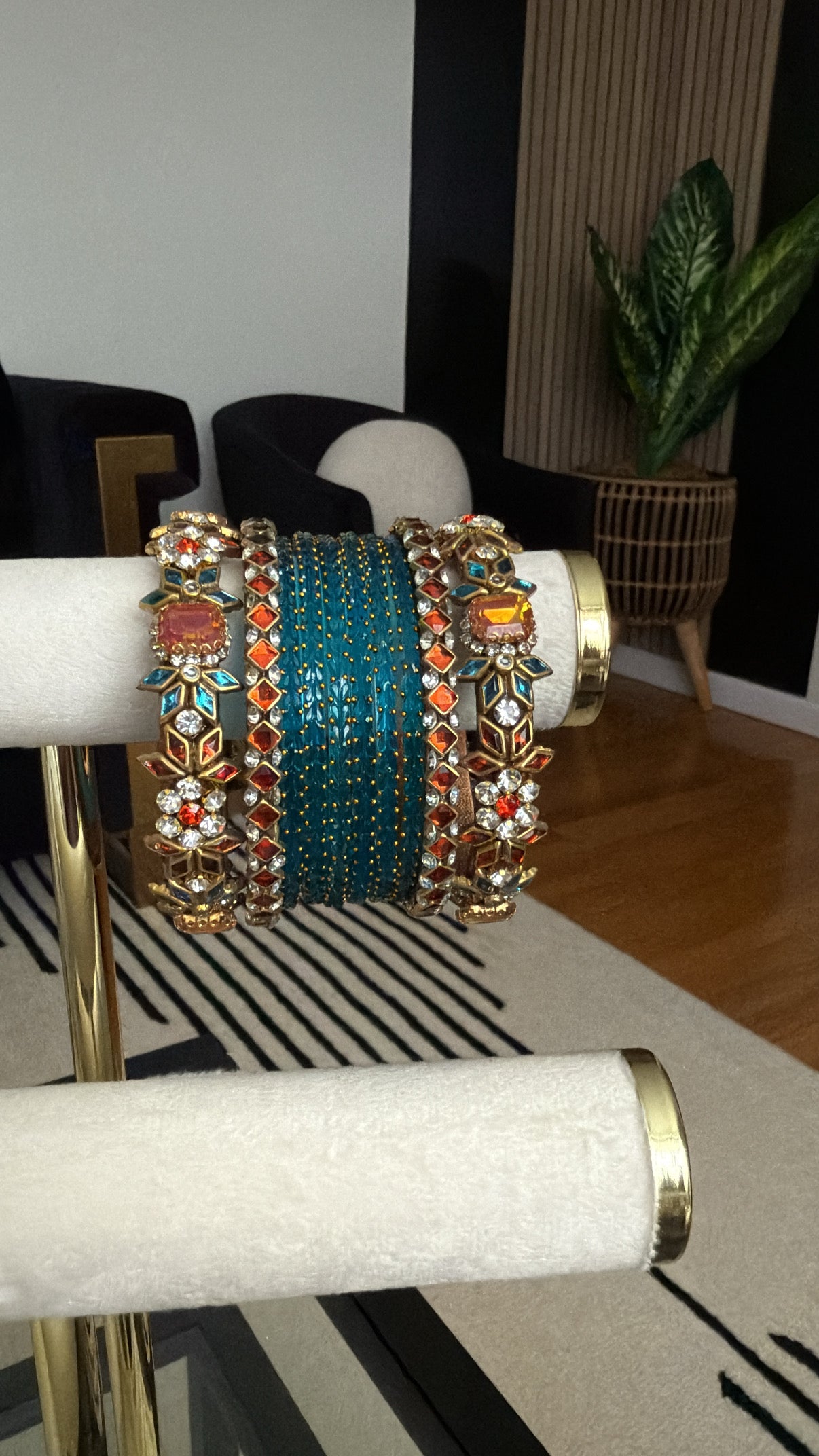 Zarin ज़रीन Handmade Glass Bangles in Teal & Orange