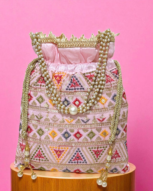 Dalia داليا Embroidered Potli Bag in Pink