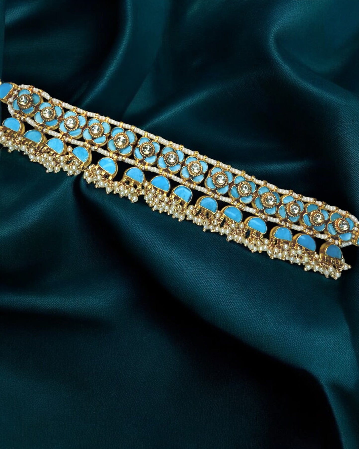 Ranya رانية Paachi Kundan Choker Set in Sky Blue- 22k Gold Plated