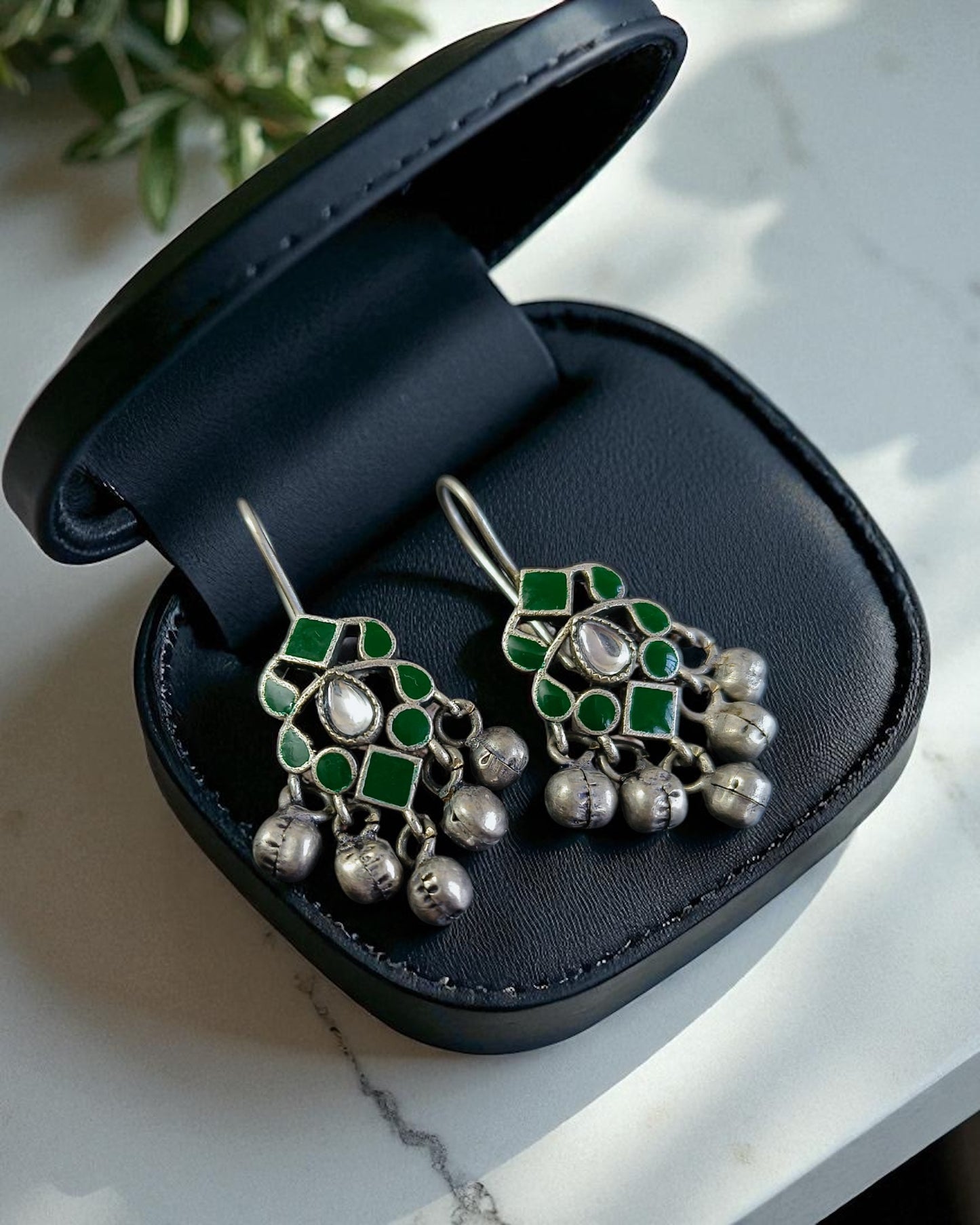 Ishani इशानी Meenakari Kundan Oxidized Earrings in Green