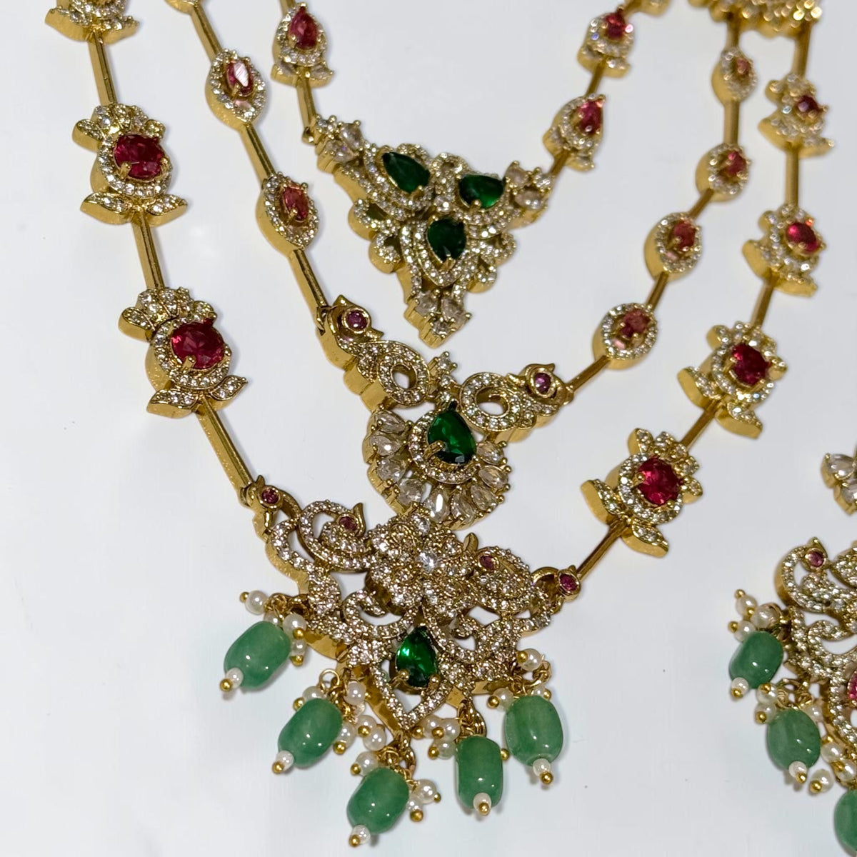 Jia जिया Victorian Layered Mala Set in Green, Red, and Gold