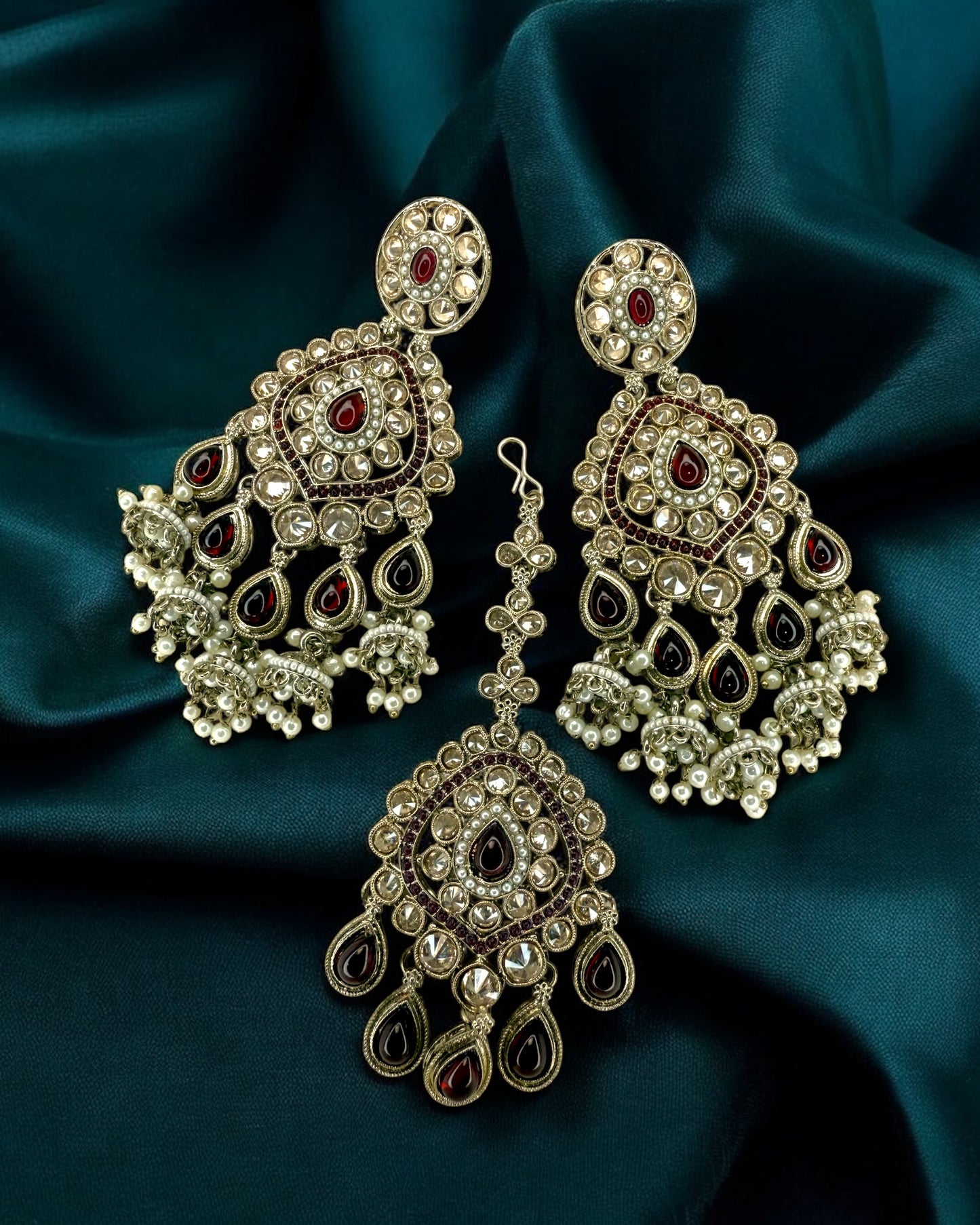 Rabab رَبَاب Polki Earring & Tika Set in Maroon