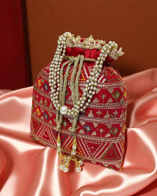 Dalia داليا Embroidered Potli Bag in Red