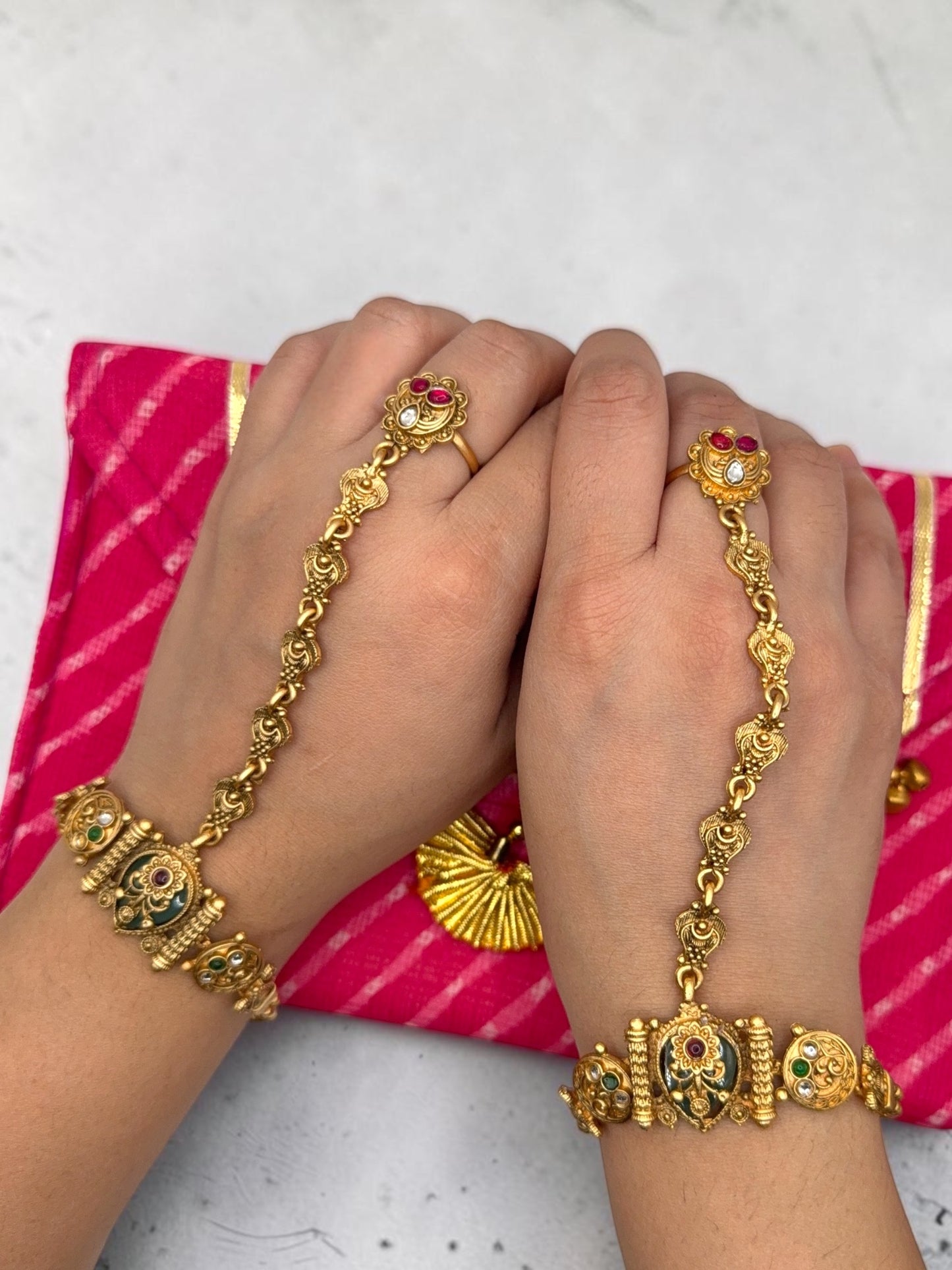 Prarthana प्रार्थना Heritage Hand Chain Pair in Gold with Adjustable Ring and Bracelet