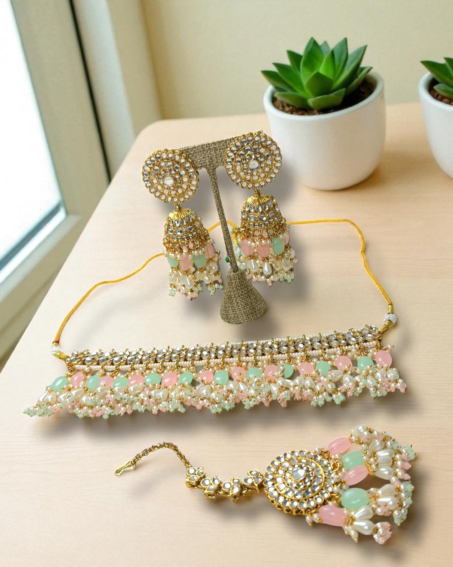 Soniya सोनिया Kundan Choker Set in Pastel Pink & Mint