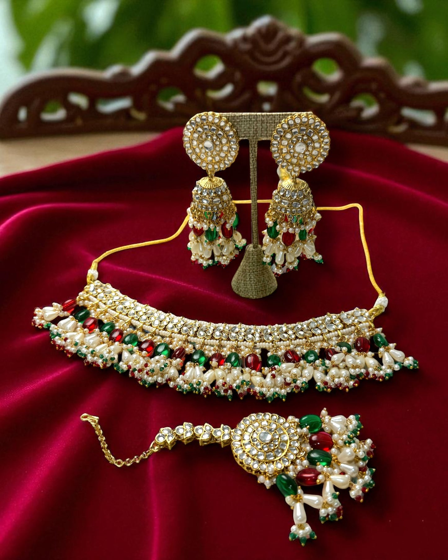 Soniya सोनिया Kundan Choker Set in Red & Green