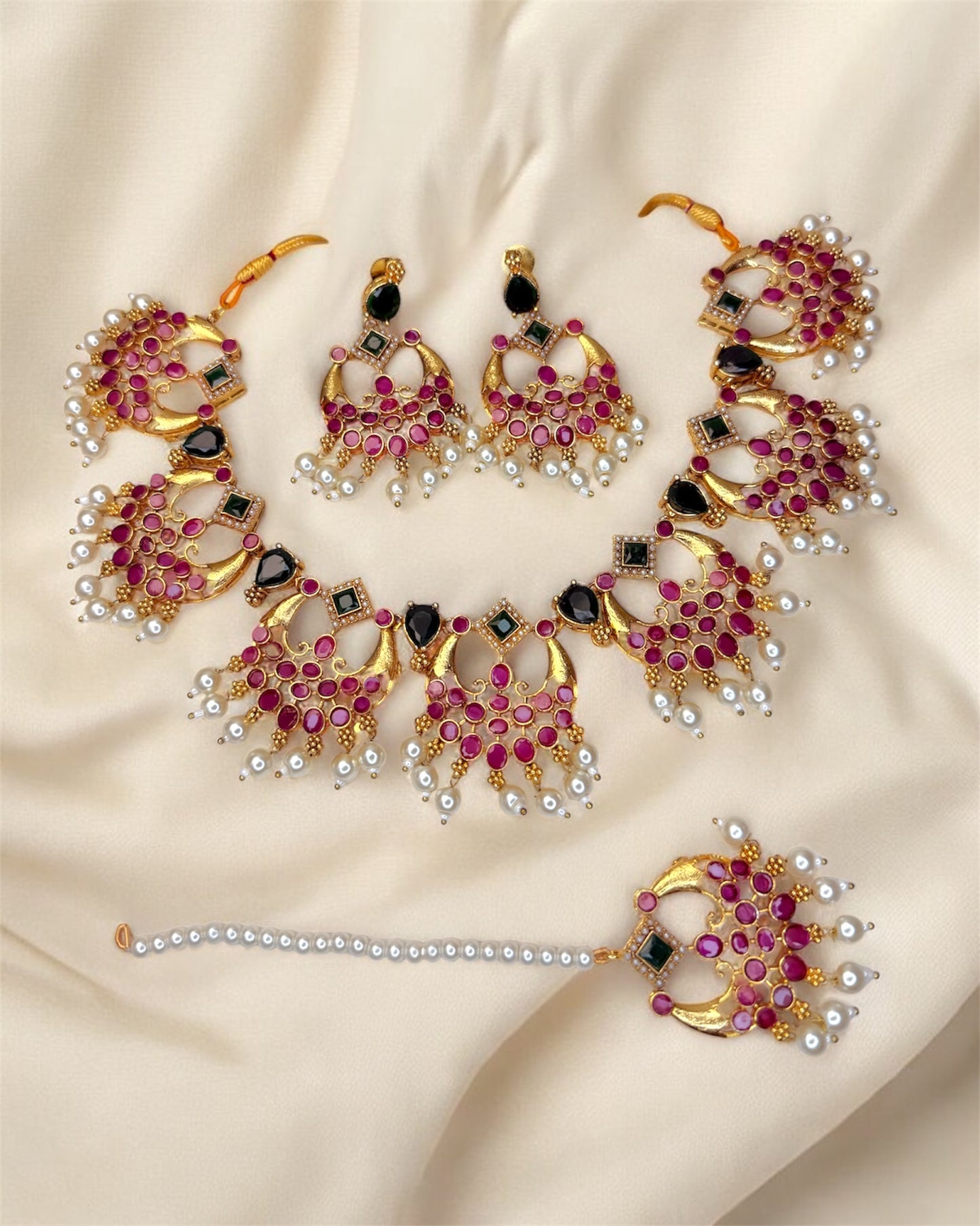 Roohi روحی South Indian Traditional Kemp Set in Ruby & Green - 22k Gold Plated