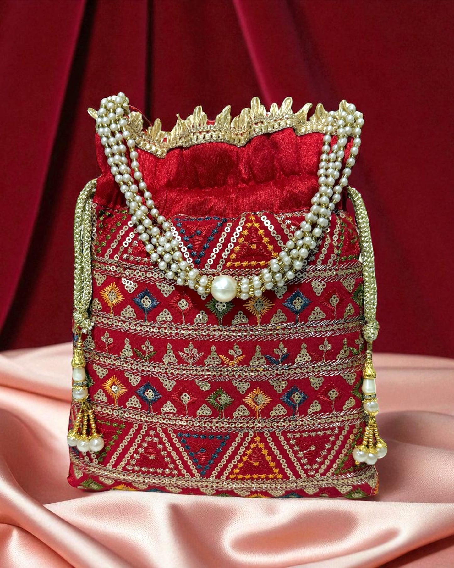 Dalia داليا Embroidered Potli Bag in Red