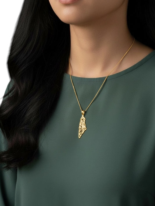 Palestine Map Necklace with “Palestine” in Arabic Calligraphy in Gold - Stainless Steel - Palestine Collection
