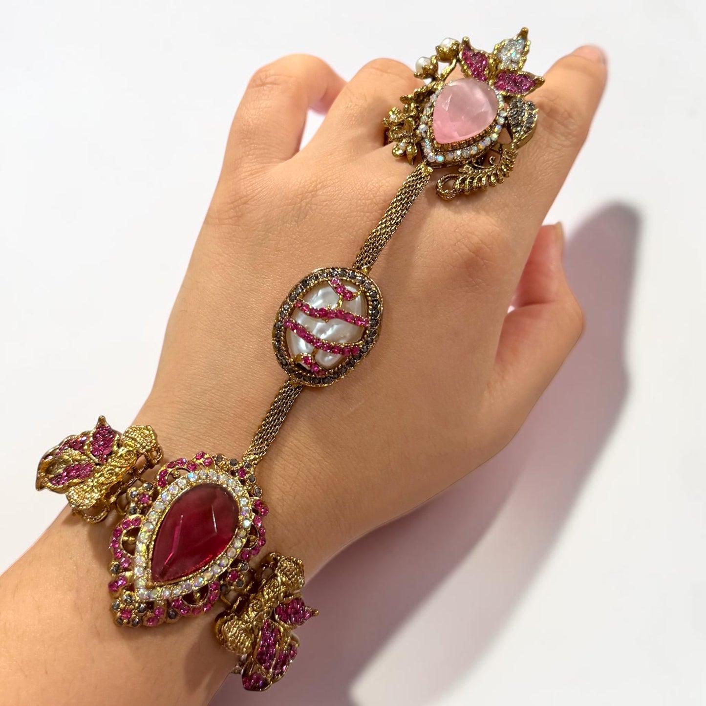 Şebnem Turkish Hand Chain in Hot Pink with Adjustable Ring and Bracelet