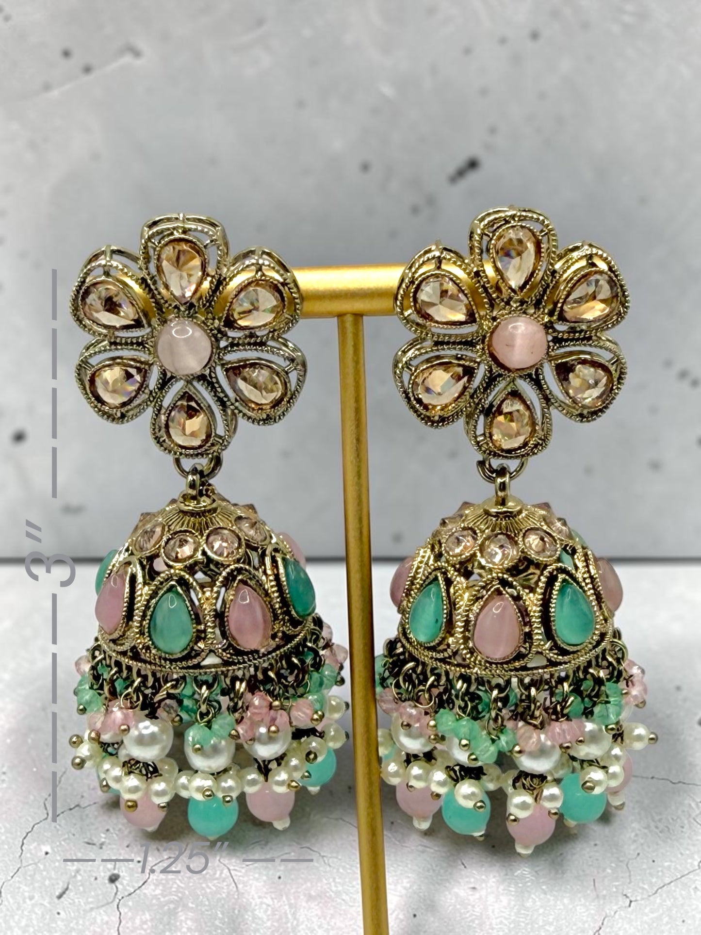 Mahashweta महाश्वेता Polki Jhumkay in Mint & Pink