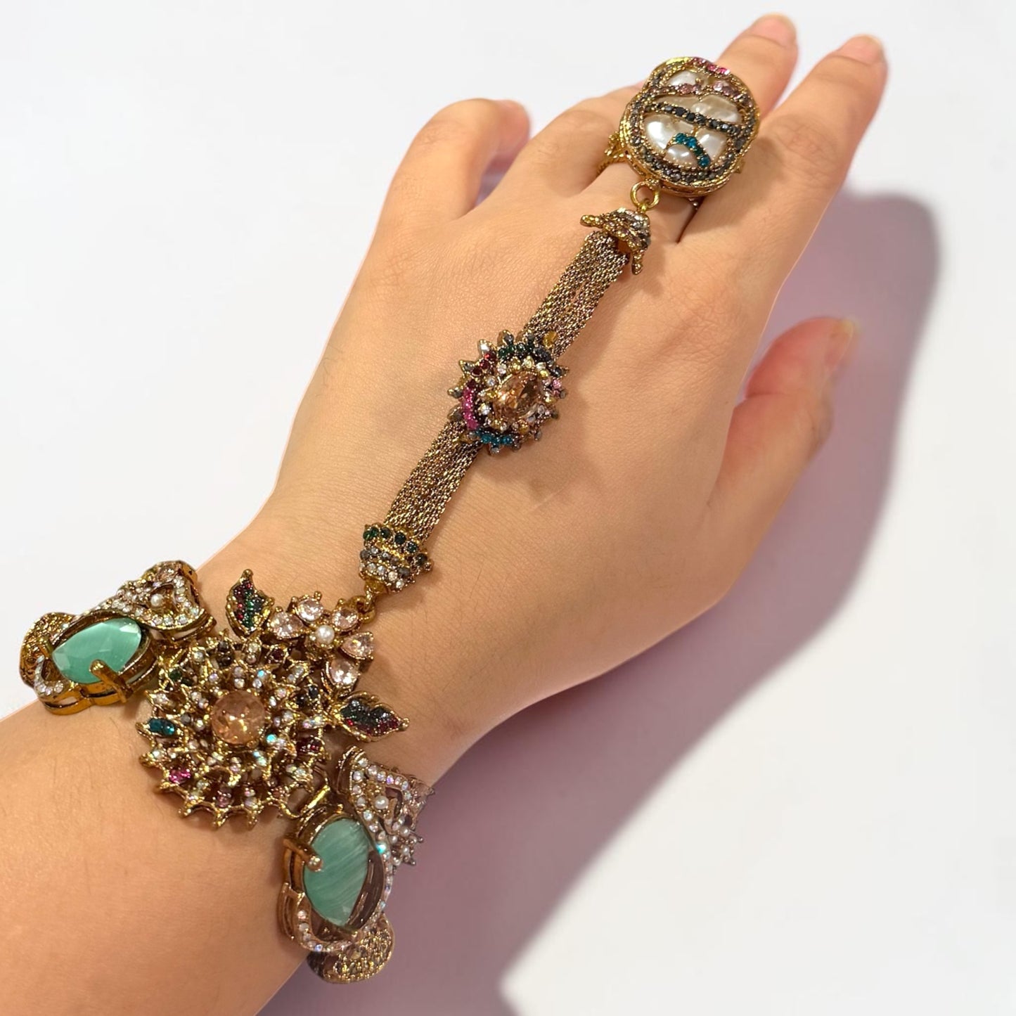 Gülizar Turkish Hand Chain in Mint with Adjustable Ring and Bracelet