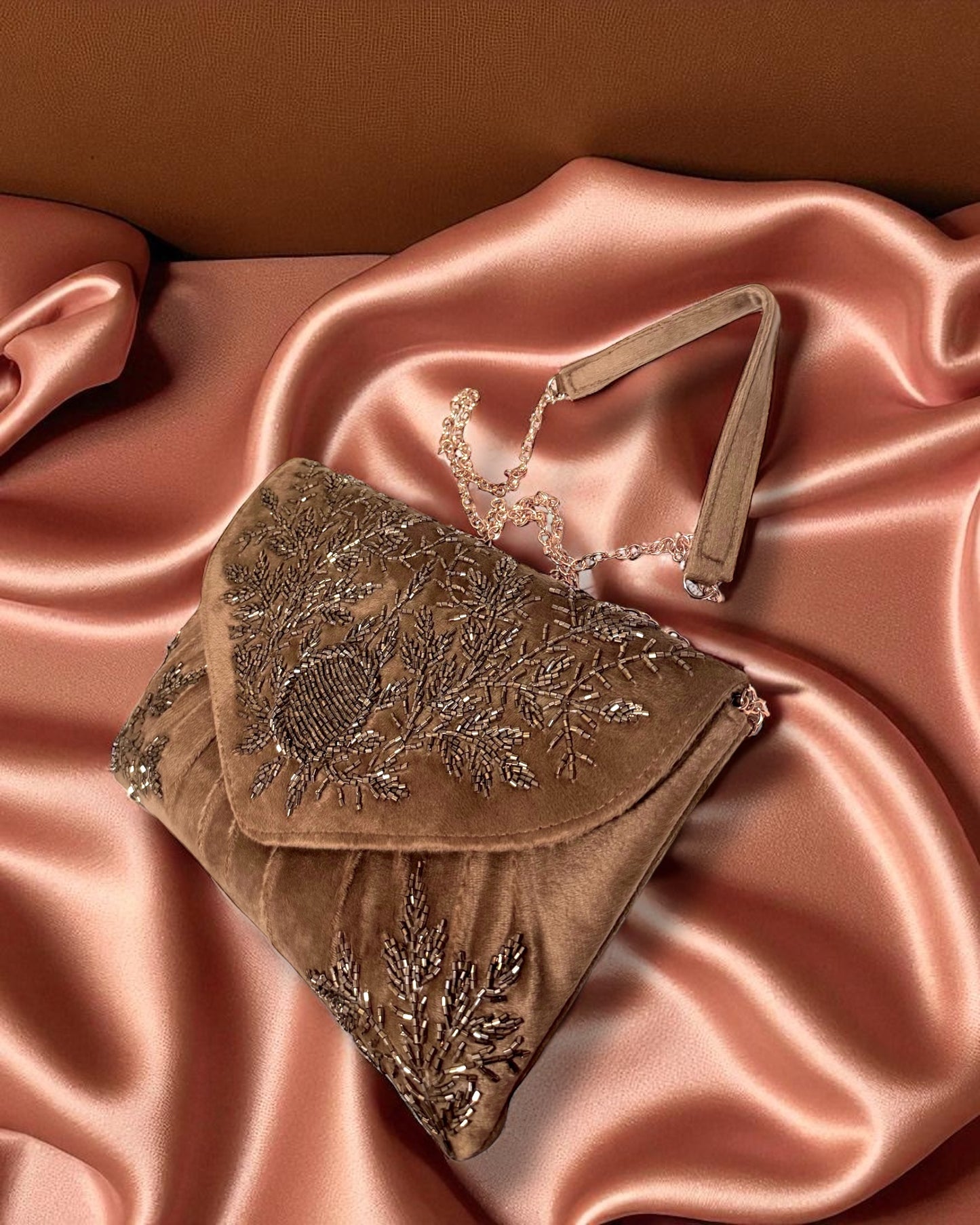 Jawhara جوهرة Beaded Velvet Bag in Brown