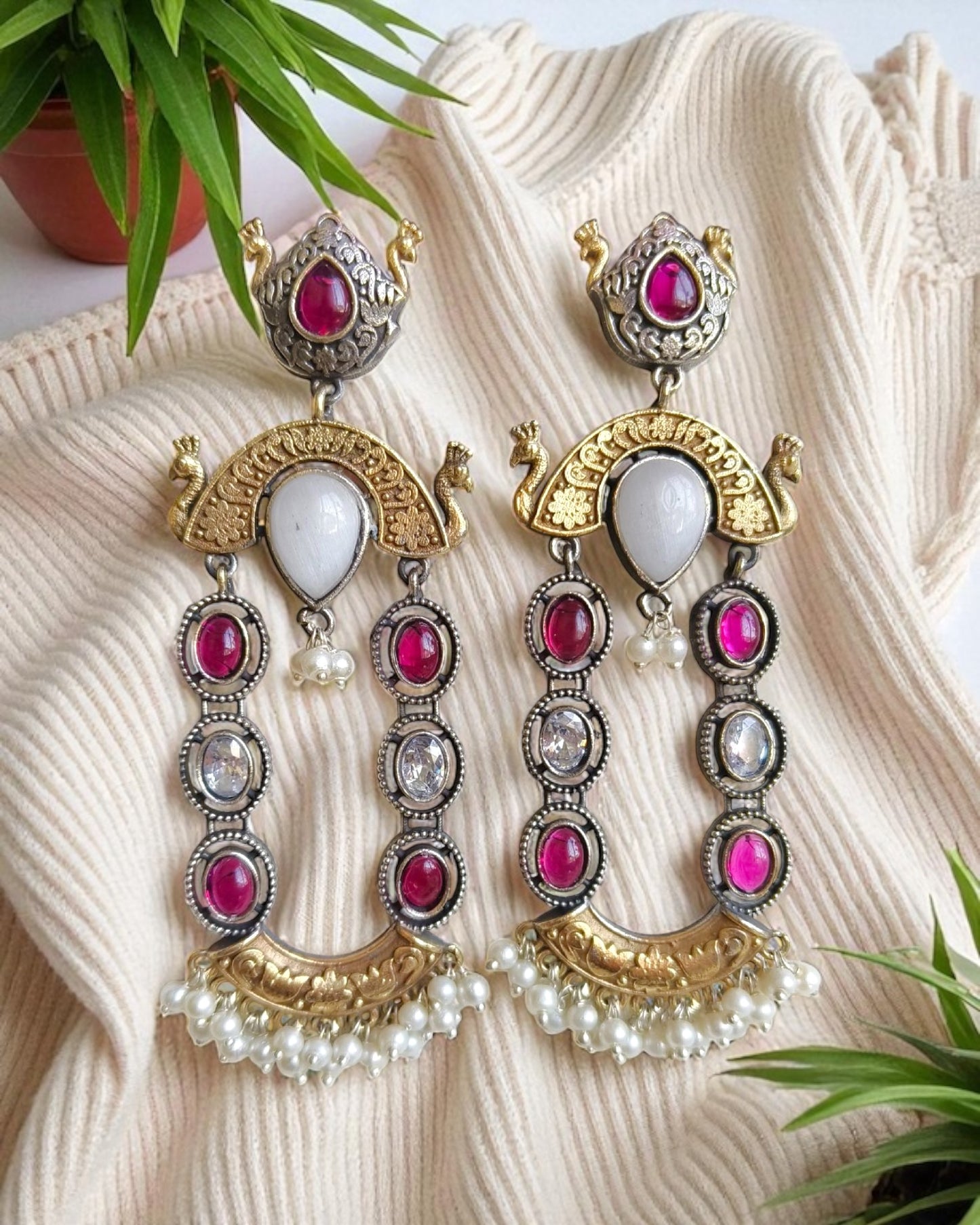 Ridhima रिधिमा Dual Tone Oxidized Earrings in Ruby Pink & White