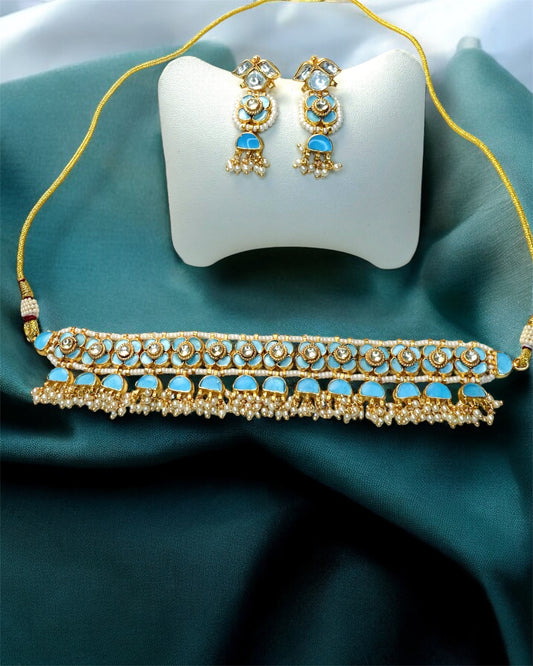 Ranya رانية Paachi Kundan Choker Set in Sky Blue- 22k Gold Plated