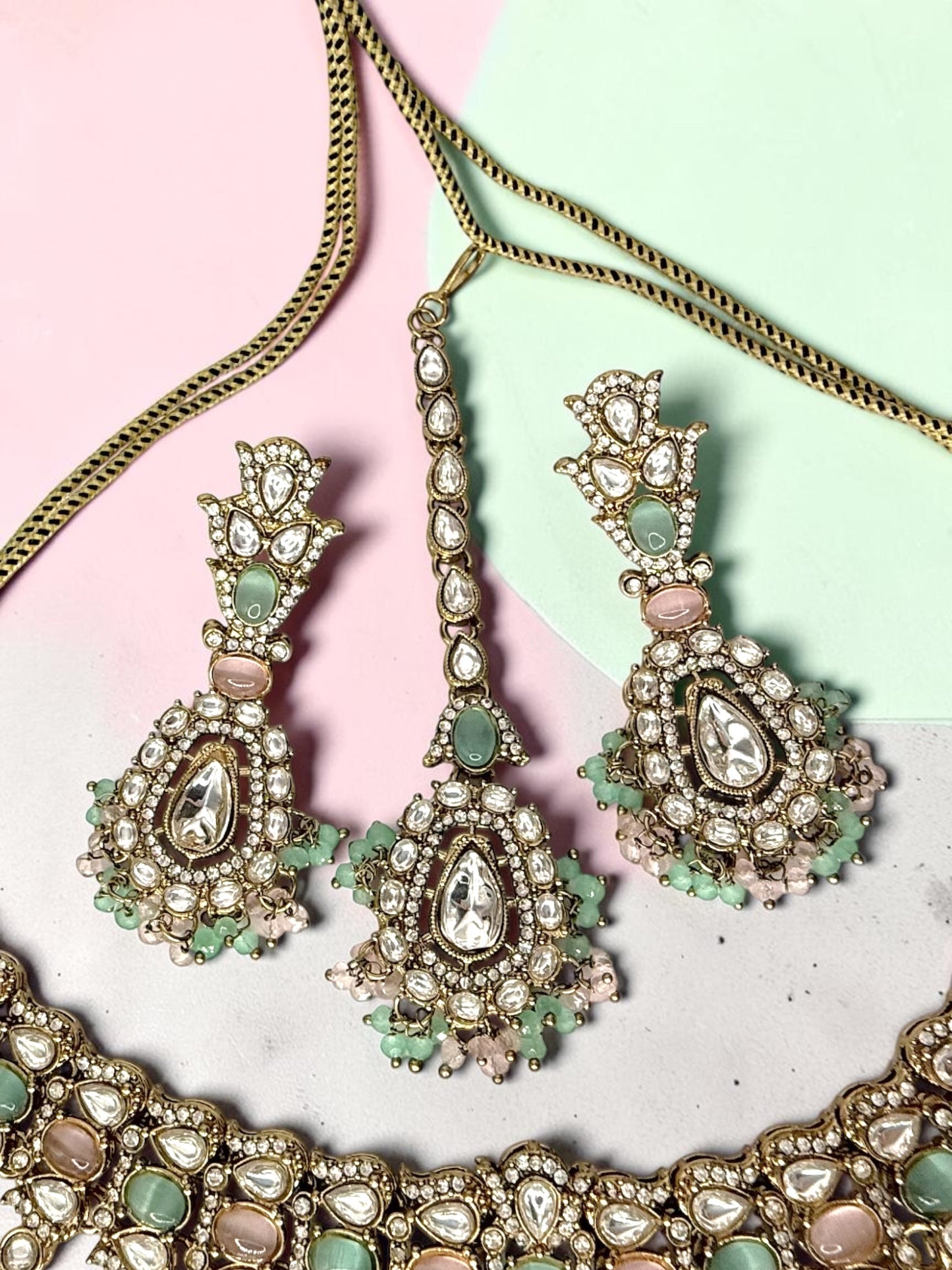 Sharanya शरण्या Kundan Bridal Set in Mint and Pink