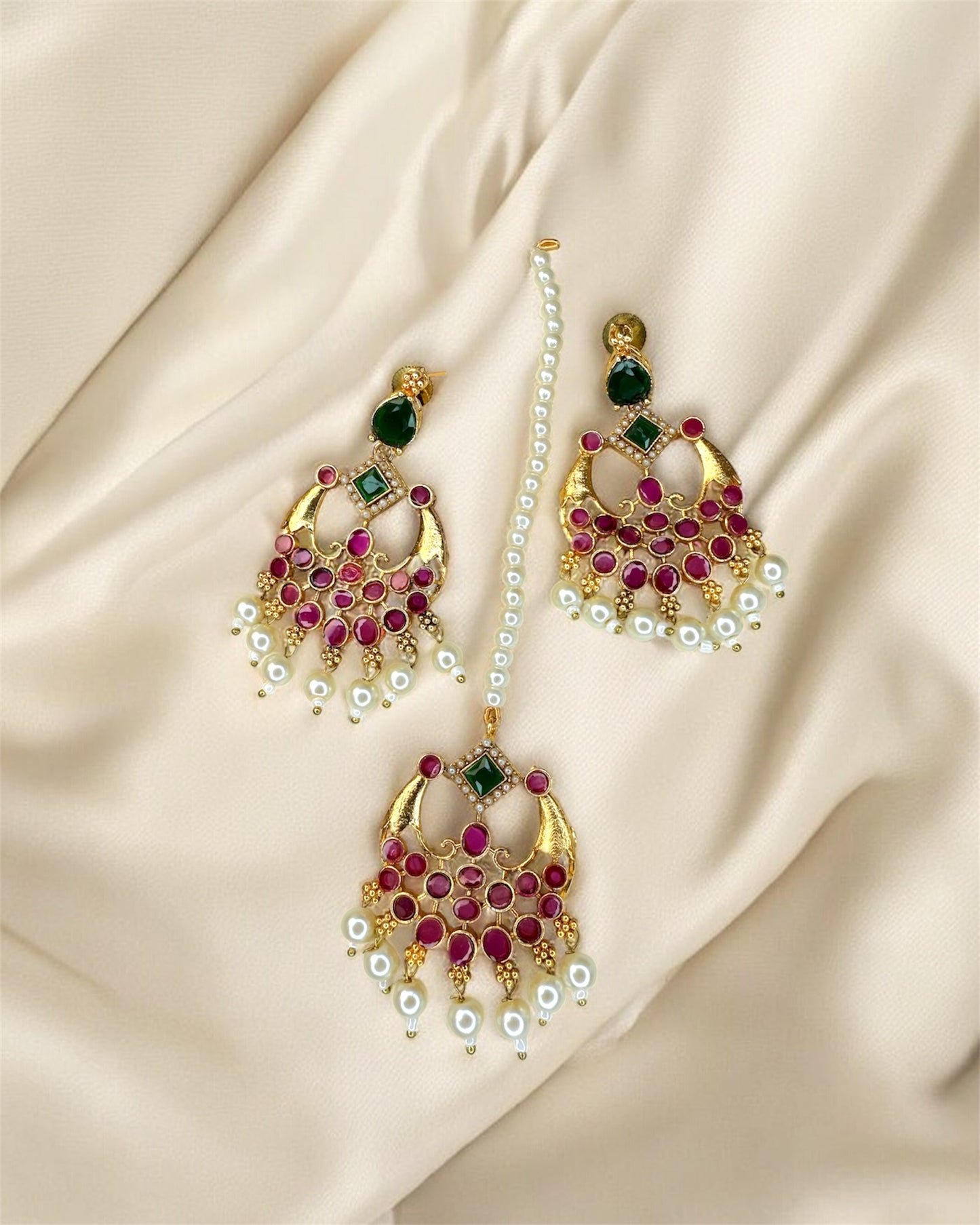 Roohi روحی South Indian Traditional Kemp Set in Ruby & Green - 22k Gold Plated