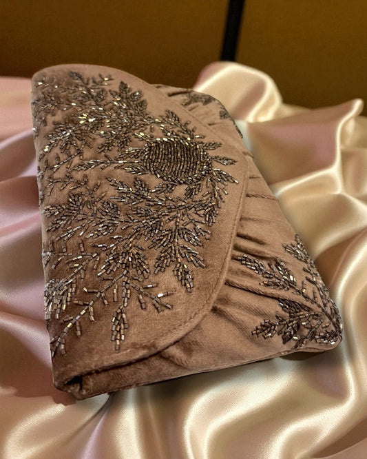 Jawhara جوهرة Beaded Velvet Bag in Brown