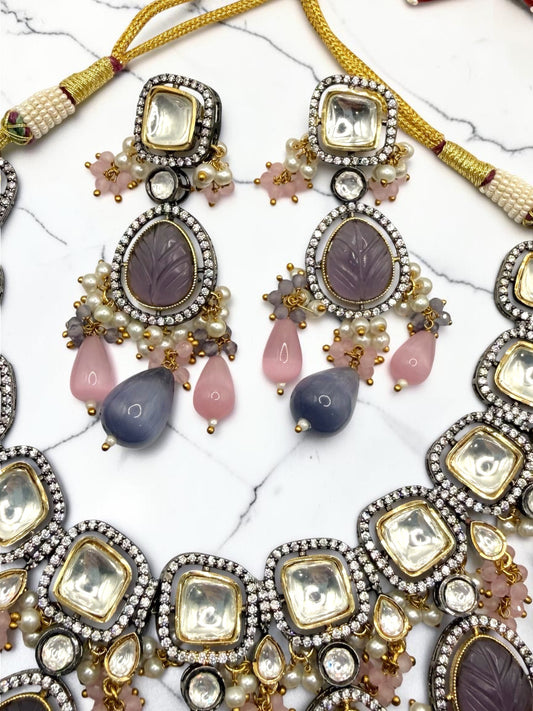 Shadia شادية Gold Plated Tyaani Kundan Set in Lavender and Pink