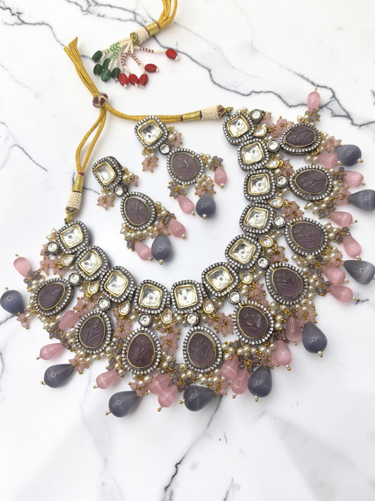 Shadia شادية Gold Plated Tyaani Kundan Set in Lavender and Pink