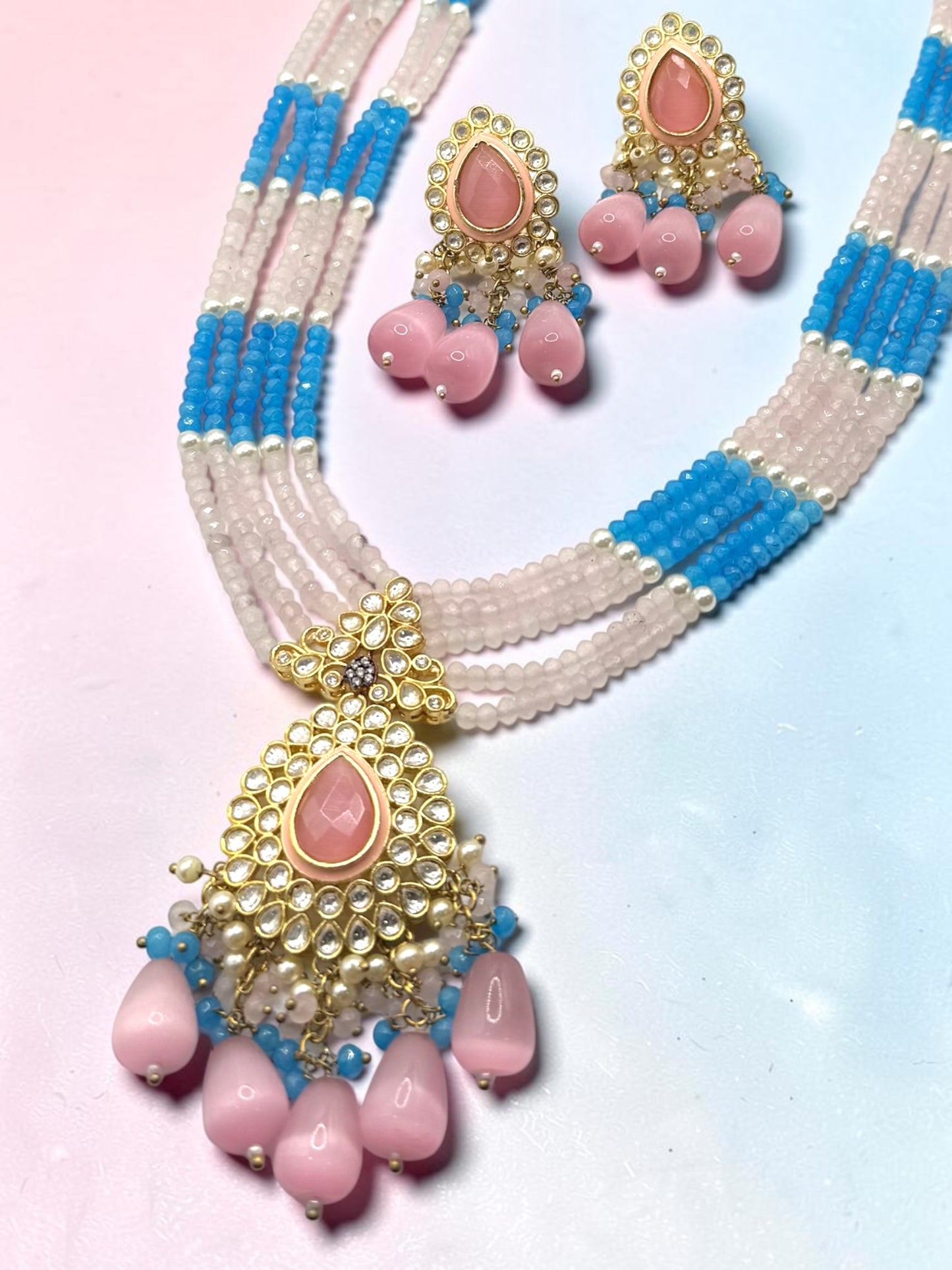 Anju अंजू Gold Plated Tyaani Kundan Mala Set with Mona Lisa Stones in Pink and Sky Blue