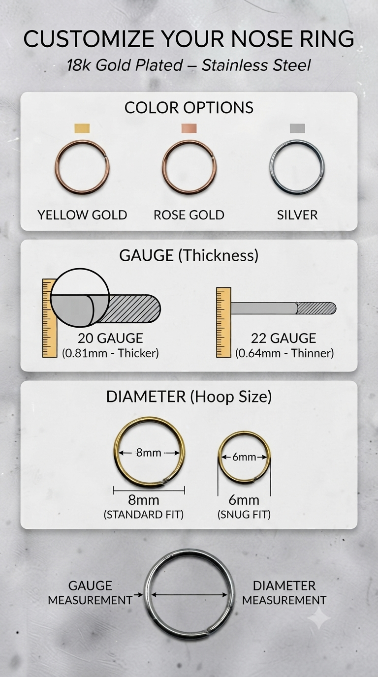 Premium 18k Gold Plated Stainless Steel Seamless Nose Ring Hoop for Pierced Nose - Choose Your Size & Color