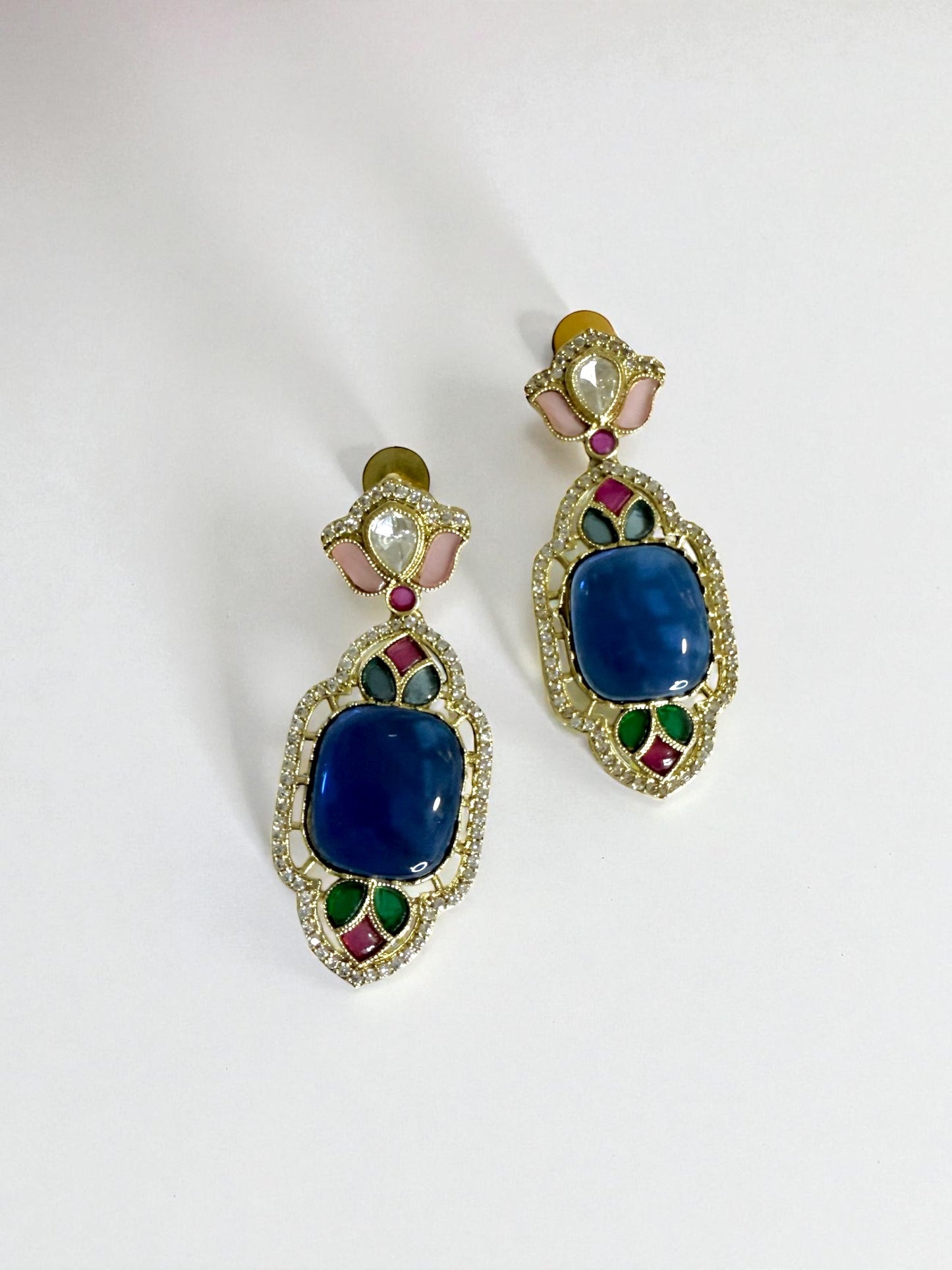 Zohra زهرة Gold Plated Kundan Earrings in Multicolor with Blue Base