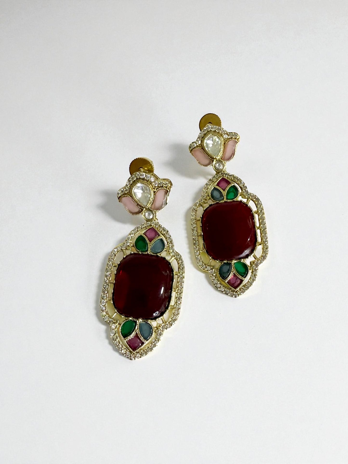 Zohra زهرة Gold Plated Kundan Earrings in Multicolor with Maroon Base