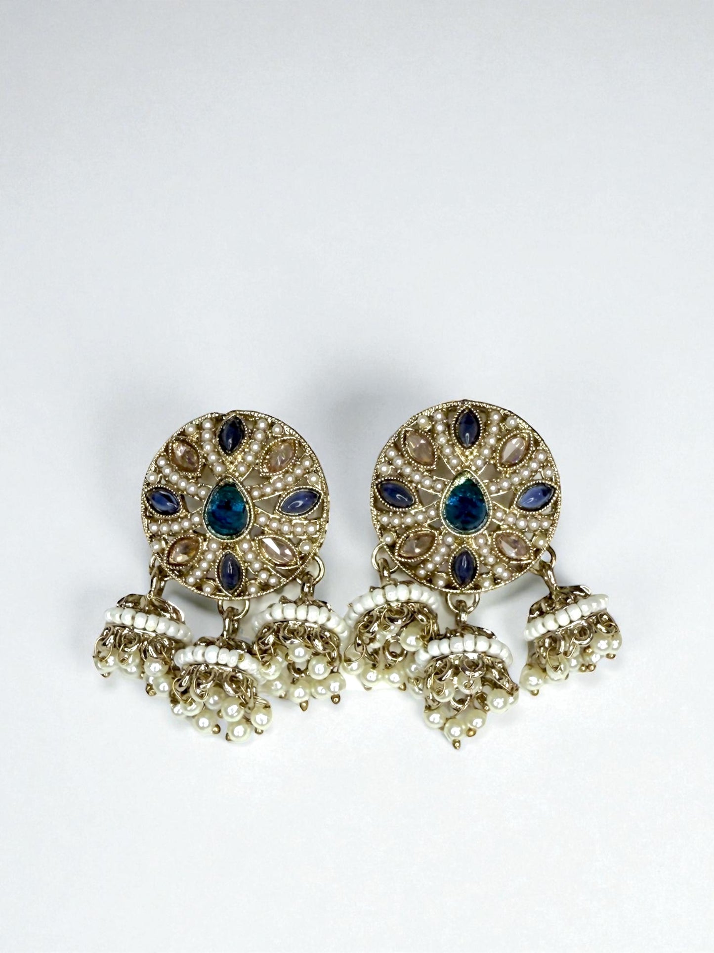 Yasira يسيرة Polki Studs with Hanging Jhumkay in Blue