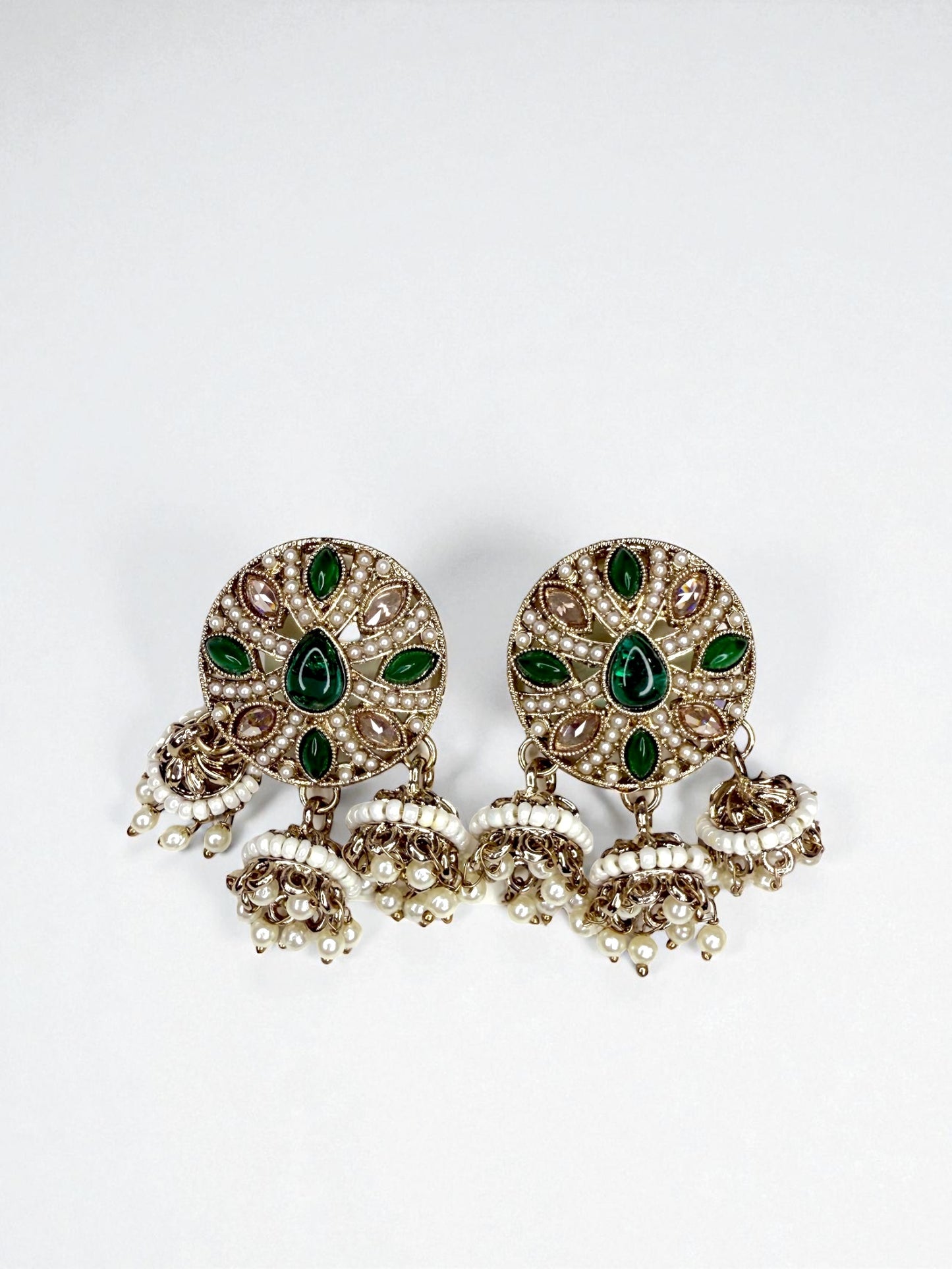Yasira يسيرة Polki Studs with Hanging Jhumkay in Green