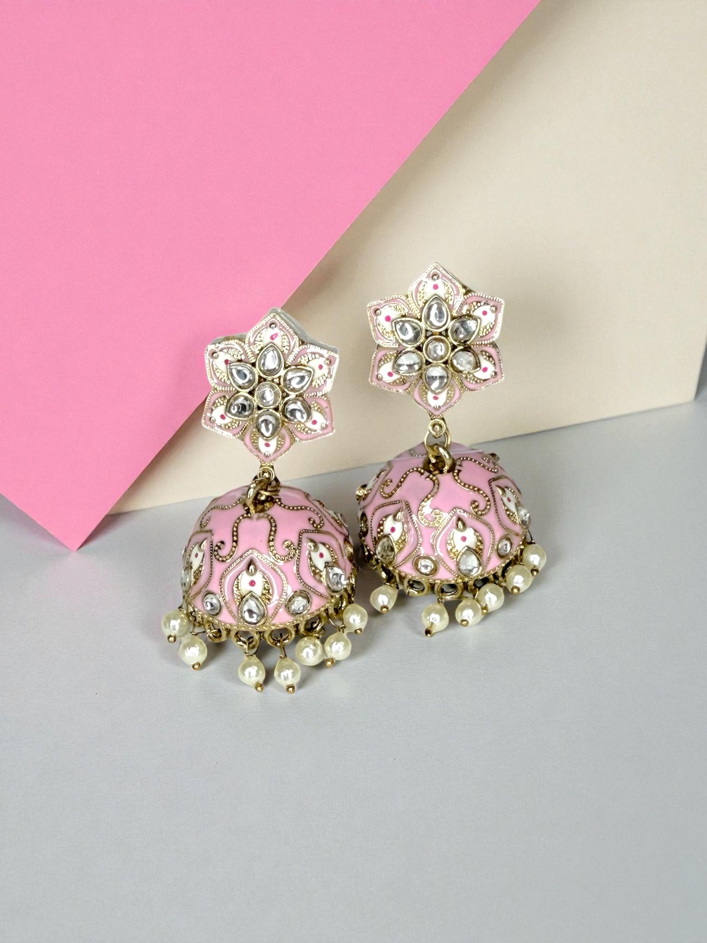 Sumaya سمية Meenakari Kundan Jhumkay in Pink