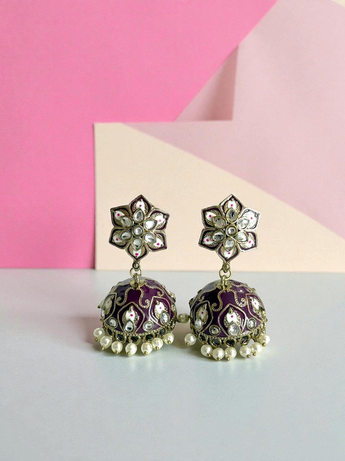 Sumaya سمية Meenakari Kundan Jhumkay in Purple