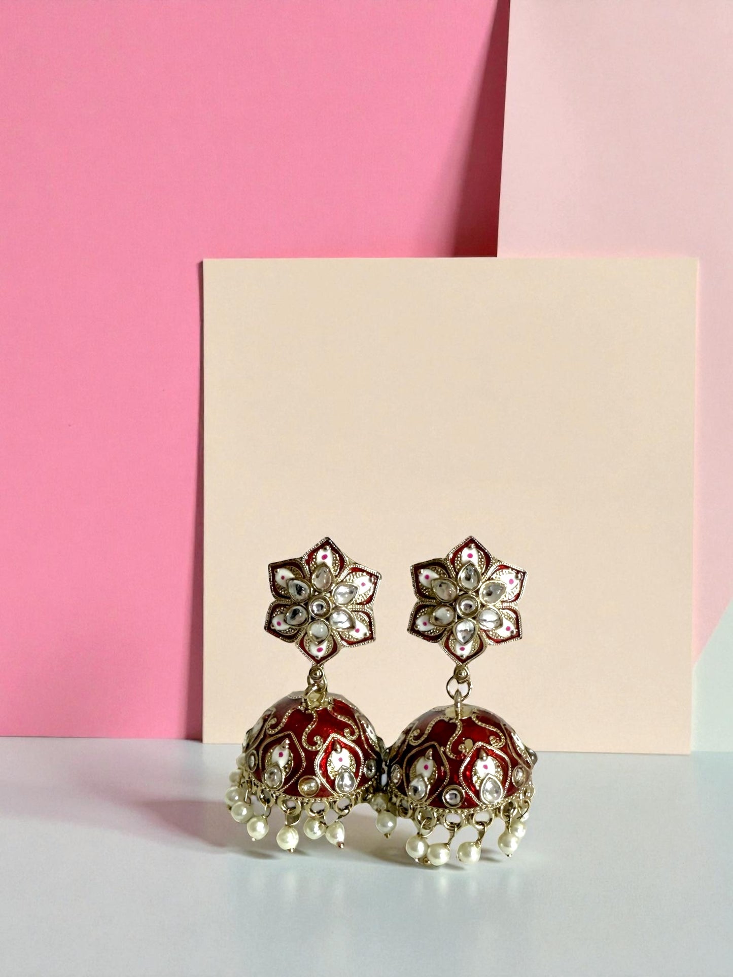 Sumaya سمية Meenakari Kundan Jhumkay in Red