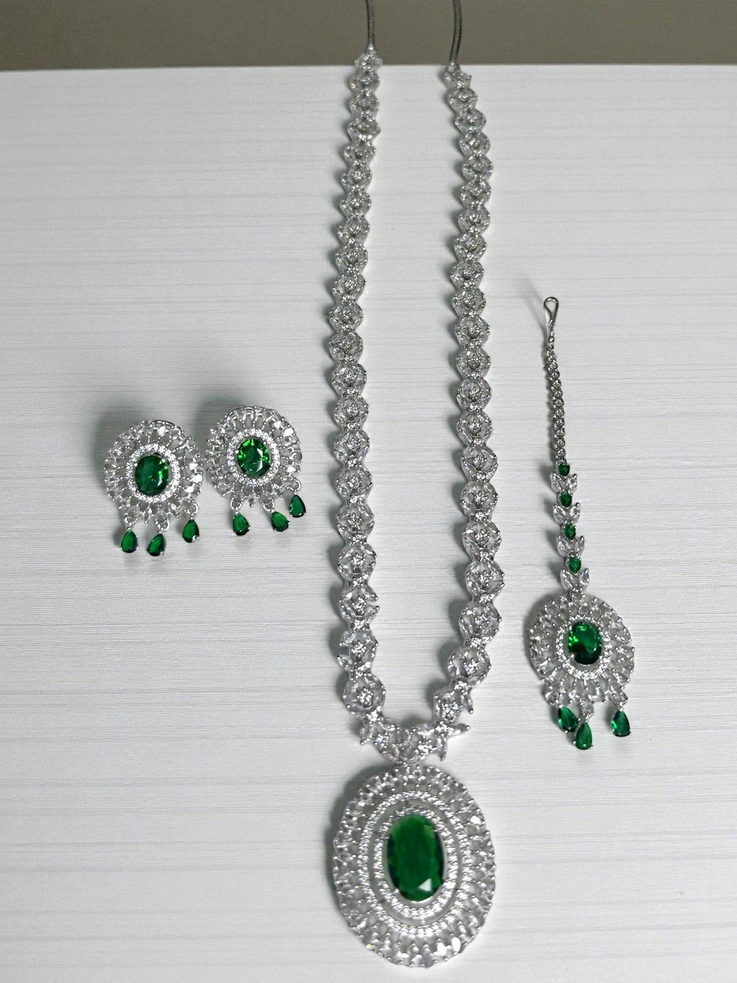 Fawzia فوزية American Diamond Mala Set in Green over Silver