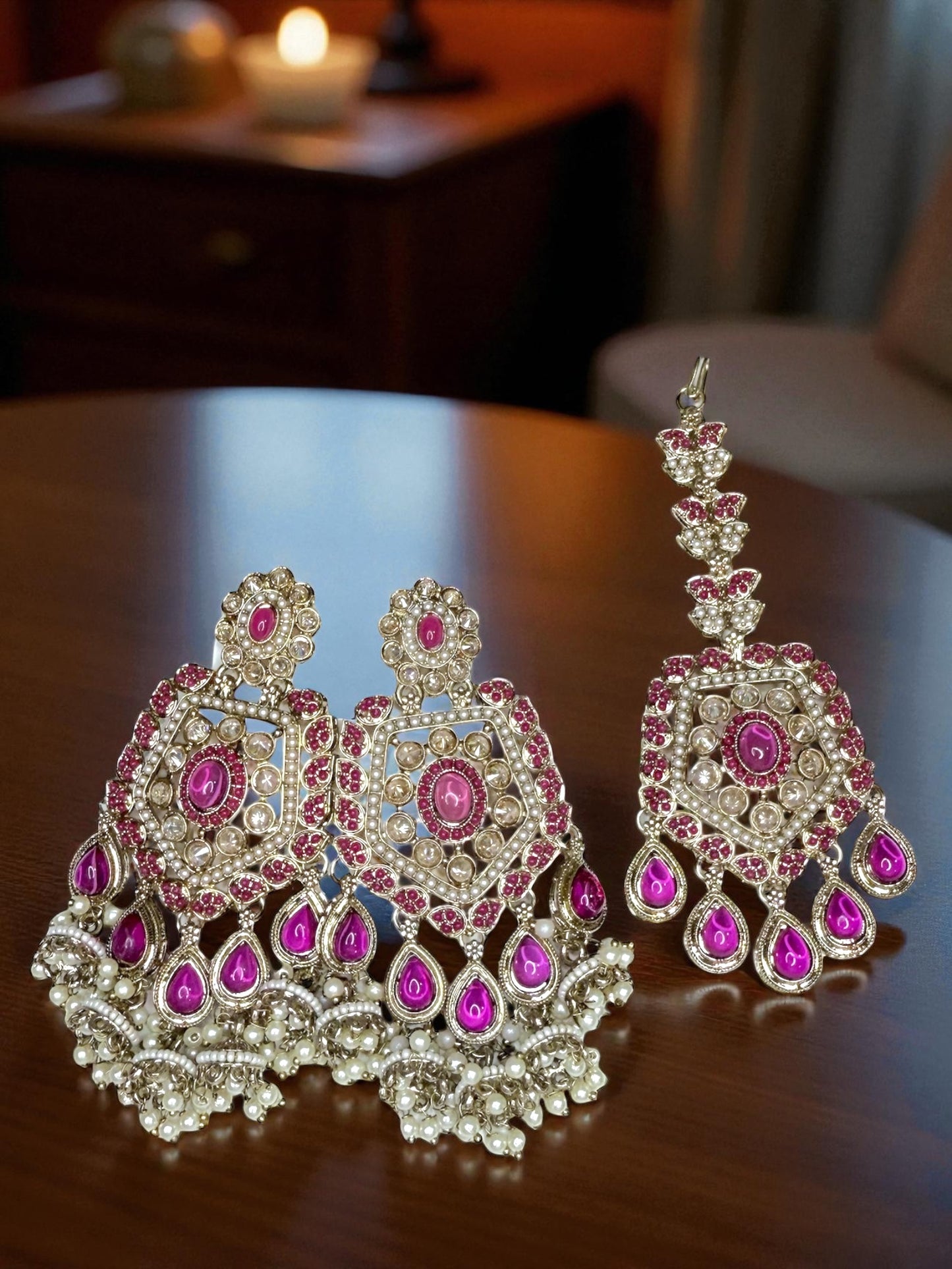 Haifa هيفاء Polki Earring & Tika Set in Magenta